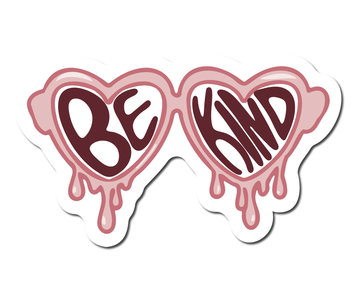 Small Sticker of Pink Melting Heart Glasses with the words Be Kind Written inside for Phone case or water bottle