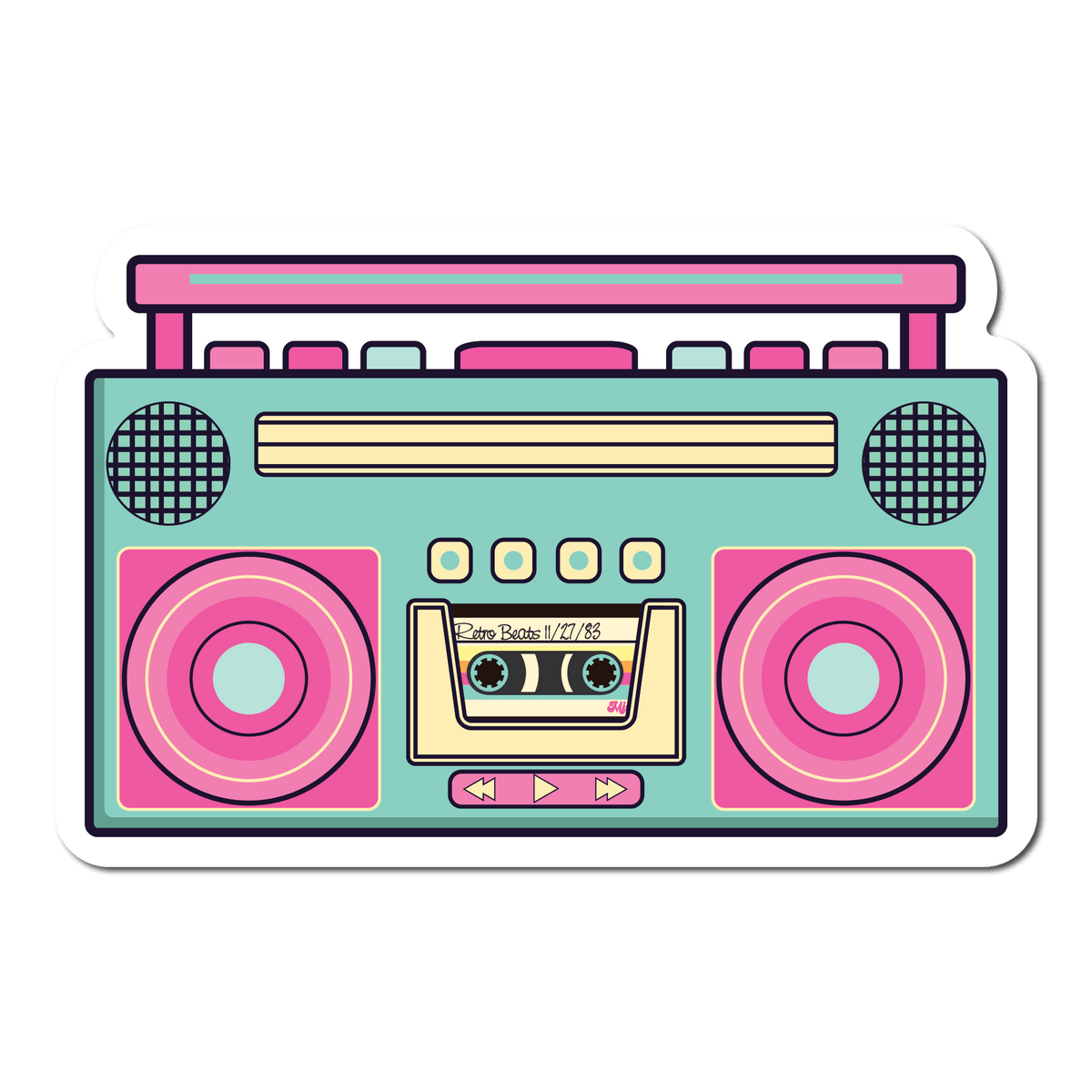 Small Sticker of a Retro boombox from the 90s that is turquoise and pink