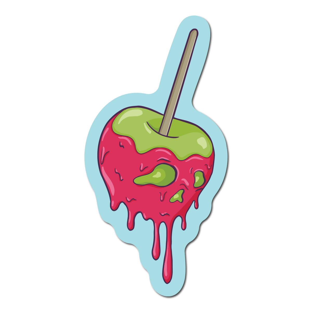 Small Sticker of a spooky apple with dripping goo that forms a face 