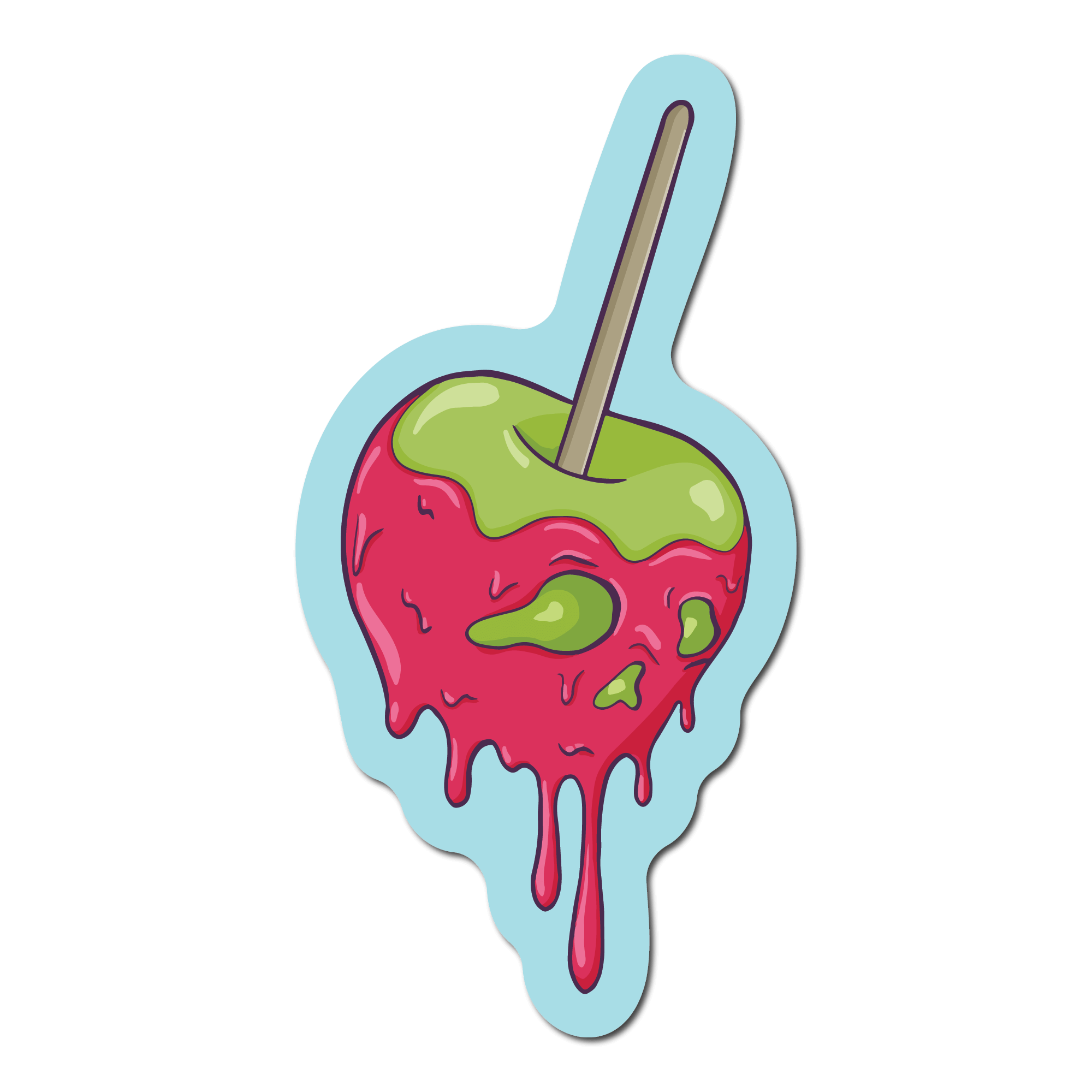 Small Sticker of a spooky apple with dripping goo that forms a face 