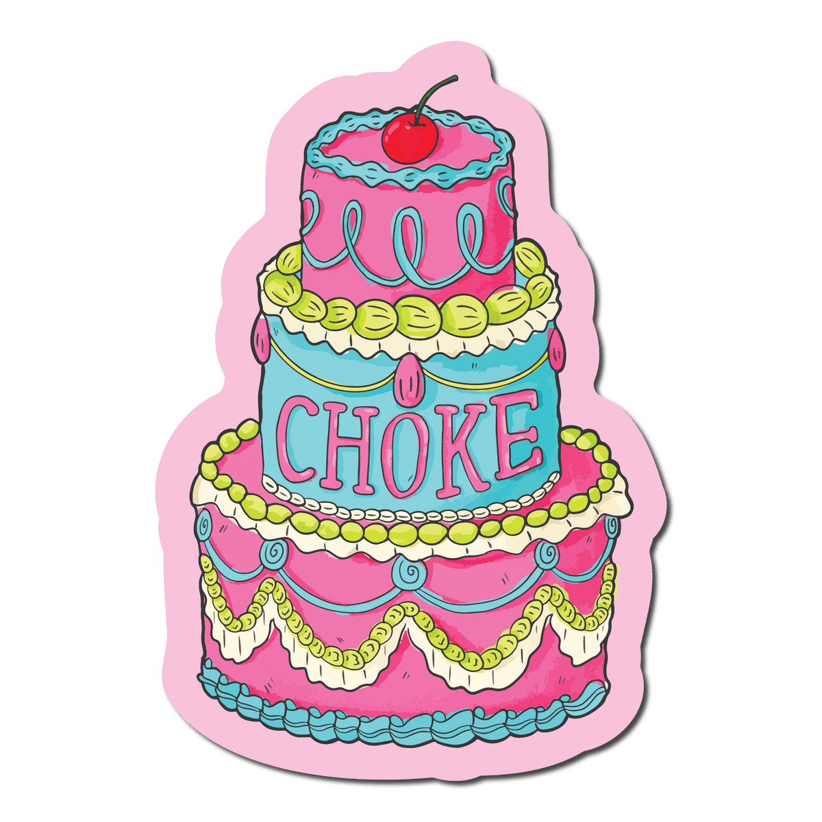 Small Sticker of a 3 tiered Cake that is pink and blue that has choke written on it