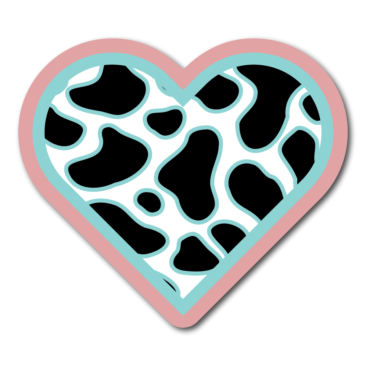 Small Heart Sticker with cow print inside. The heart has a pink and blue outlines