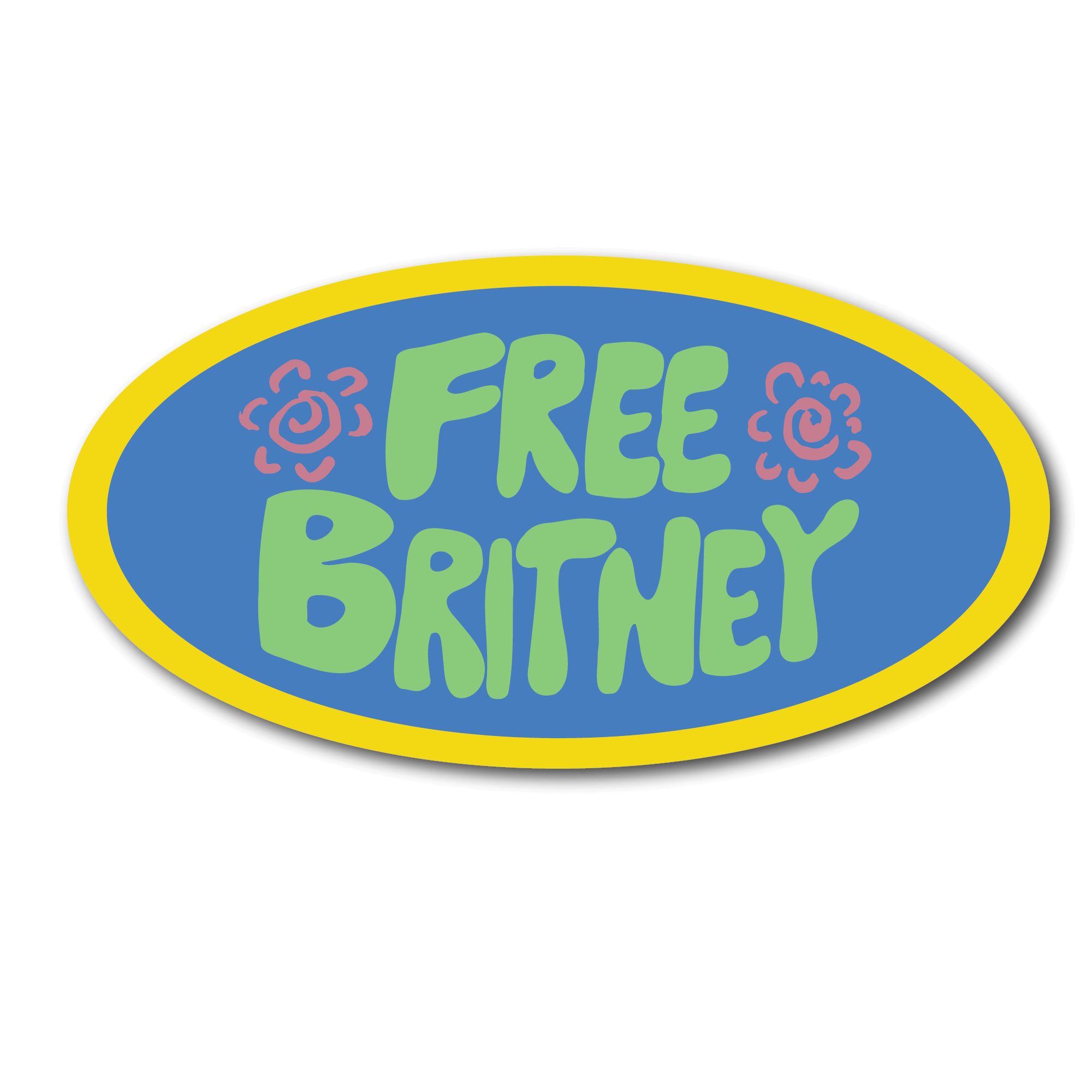 Small Sticker that says free Britney in green on a blue background with a yellow outline 