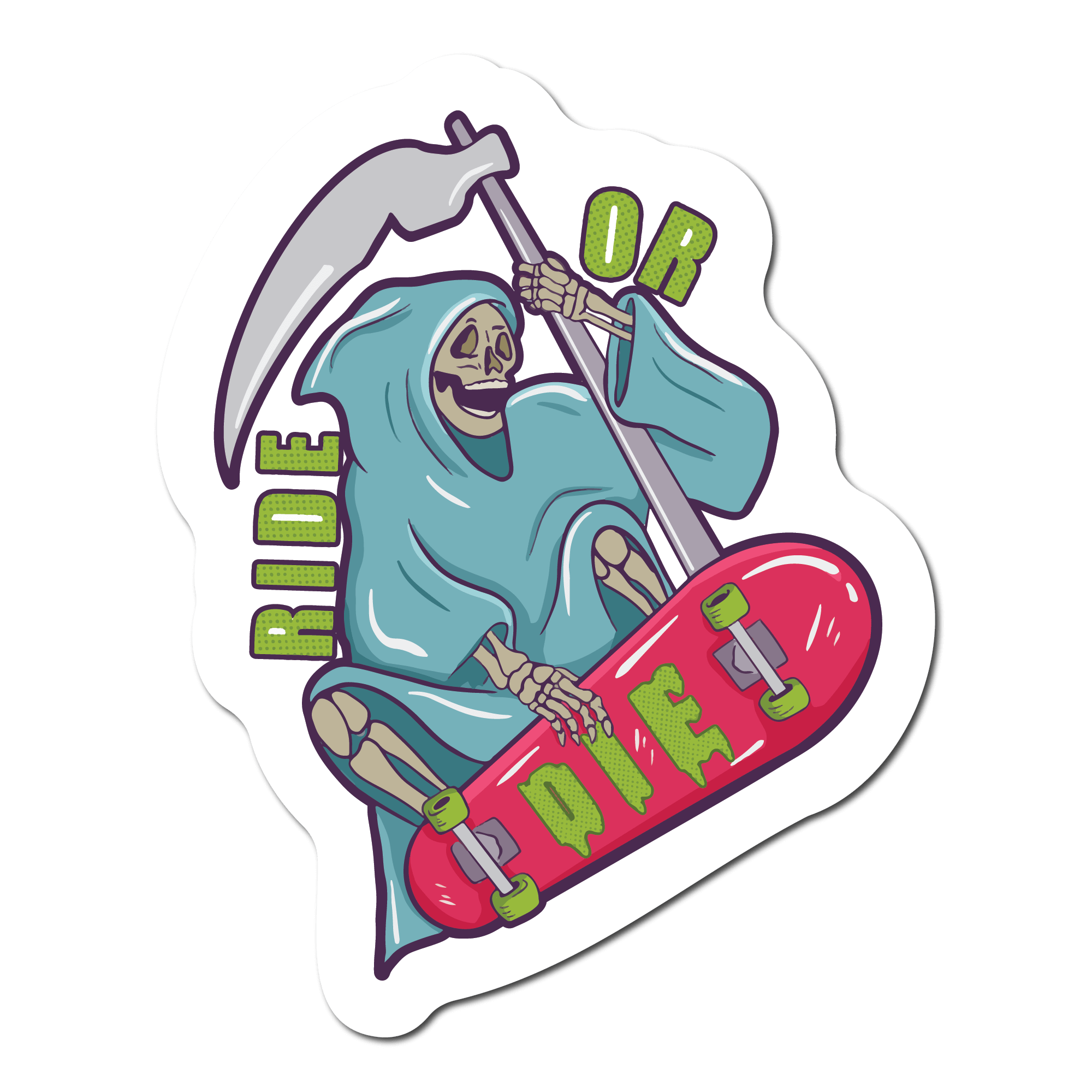 Small Sticker of Grim Reaper On a skateboard that says ride or die
