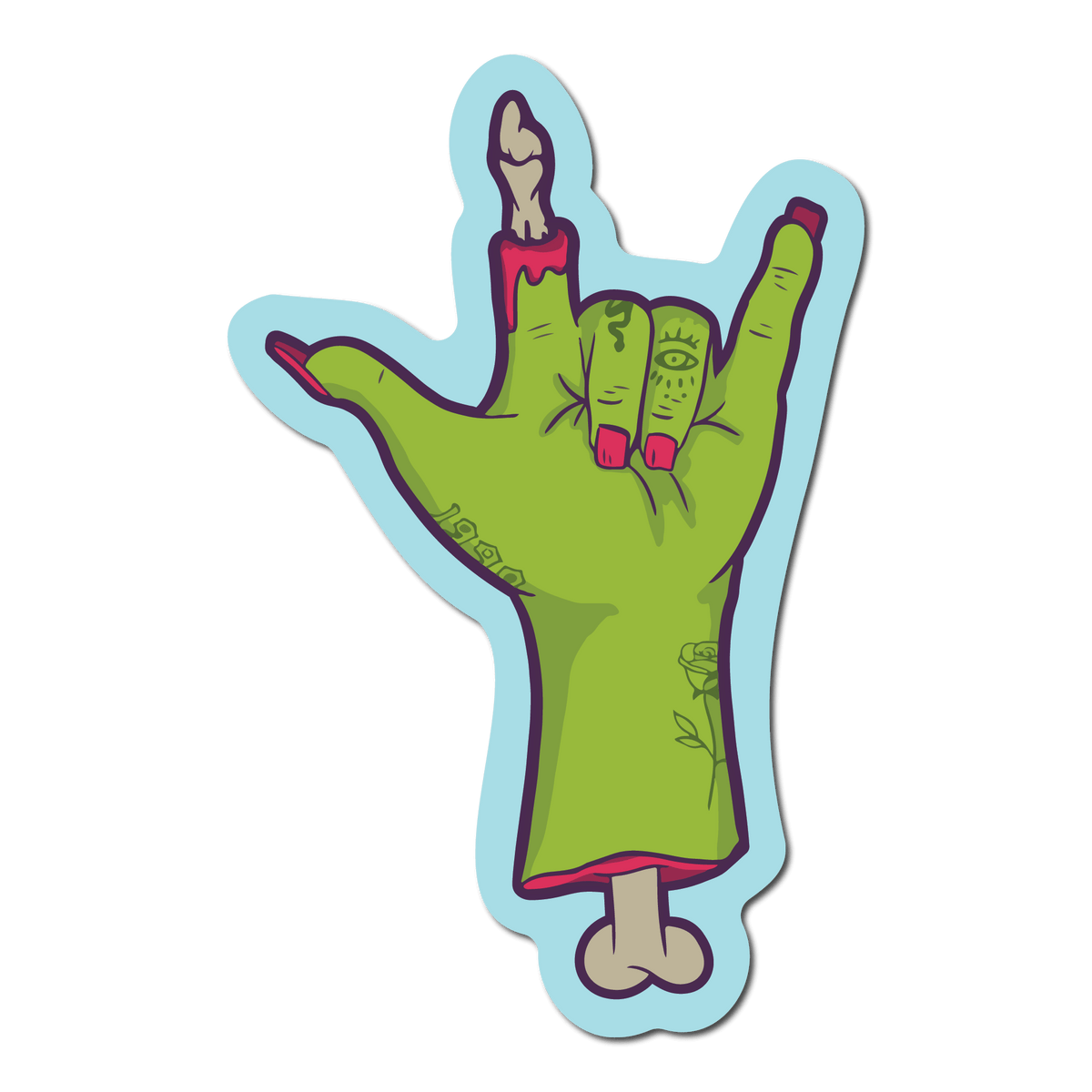 Small Sticker of a green zombie hand that says ily in sign language