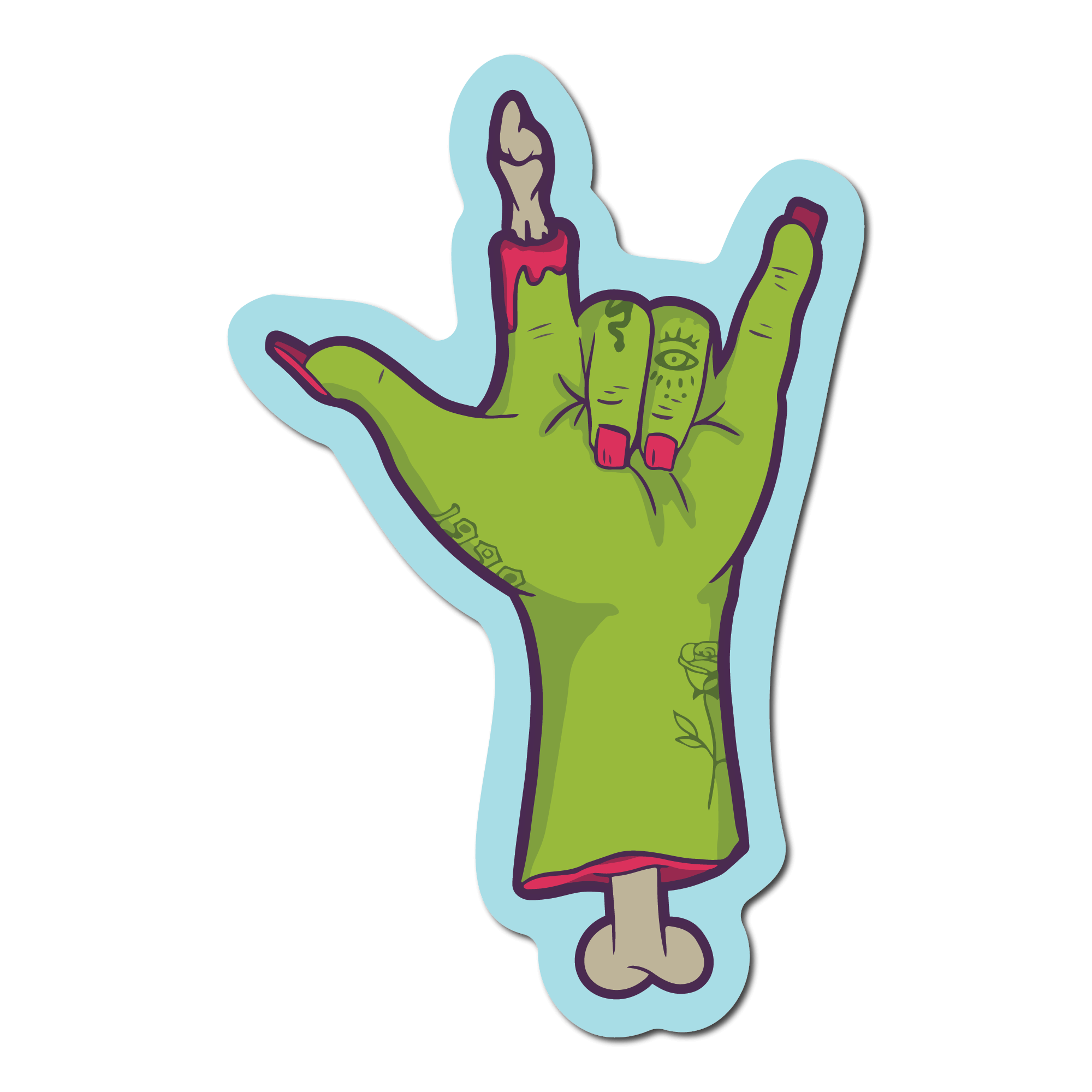 Small Sticker of a green zombie hand that says ily in sign language