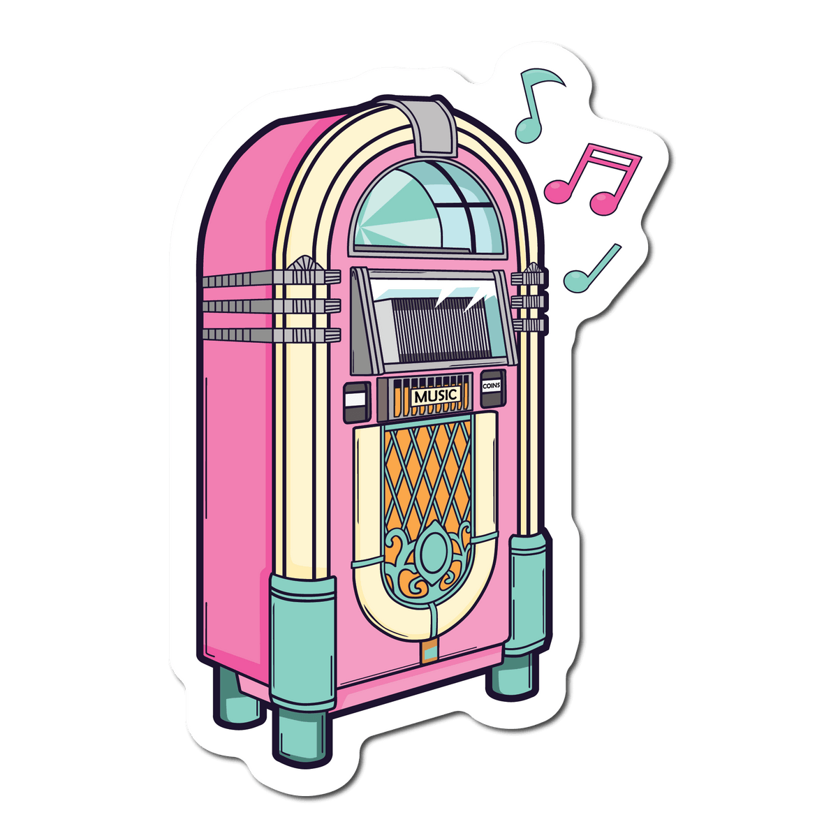 Small Sticker of a pink retro jukebox with music notes coming out of it