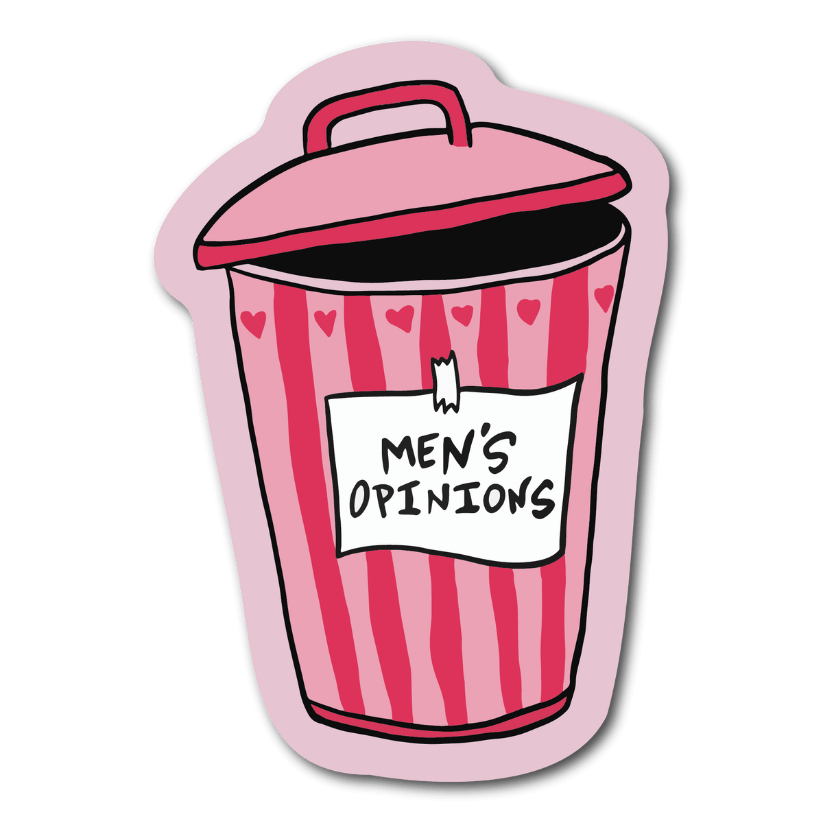 Small Sticker of a pink trash can with a sign taped to it that says Men&#39;s Opinions