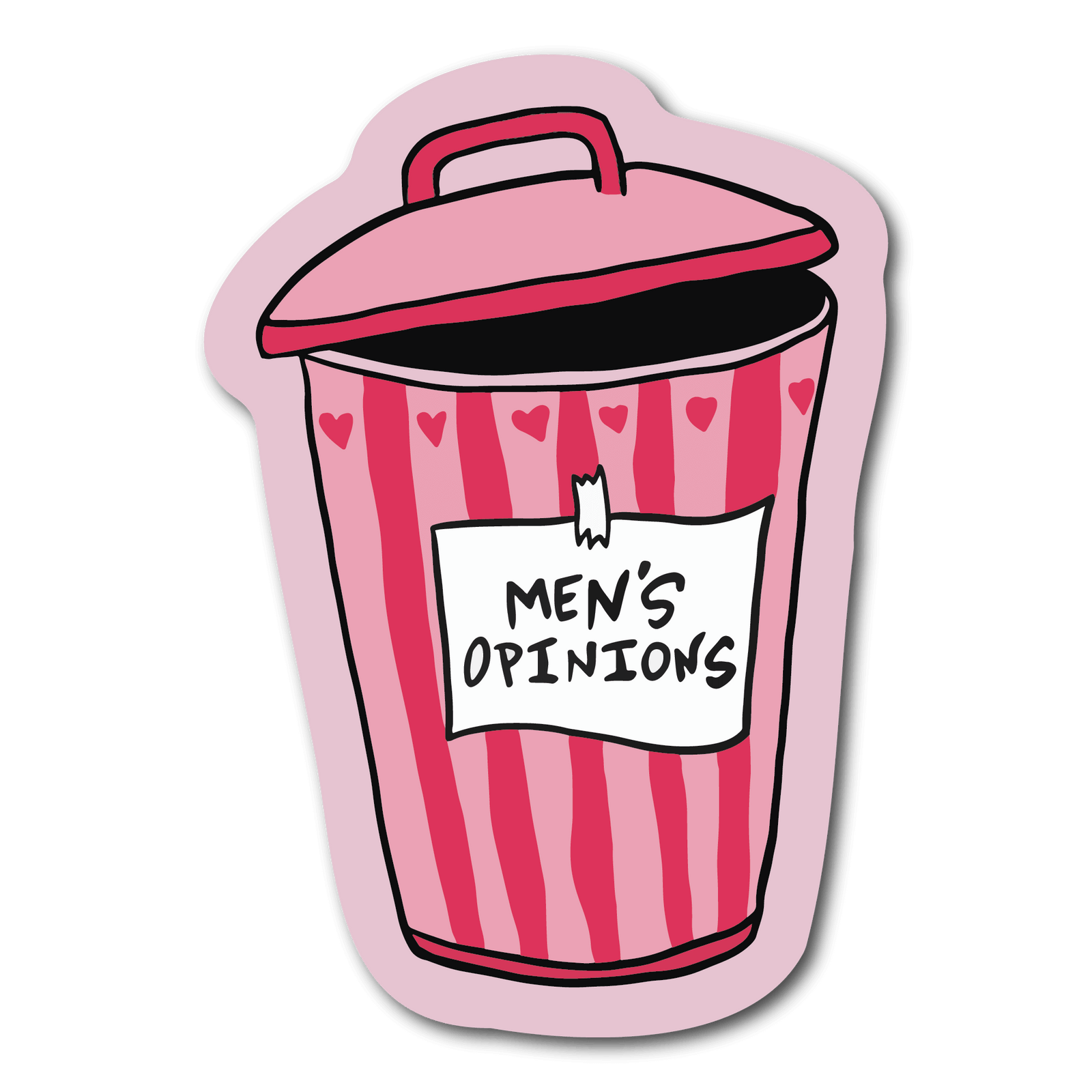 Small Sticker of a pink trash can with a sign taped to it that says Men's Opinions