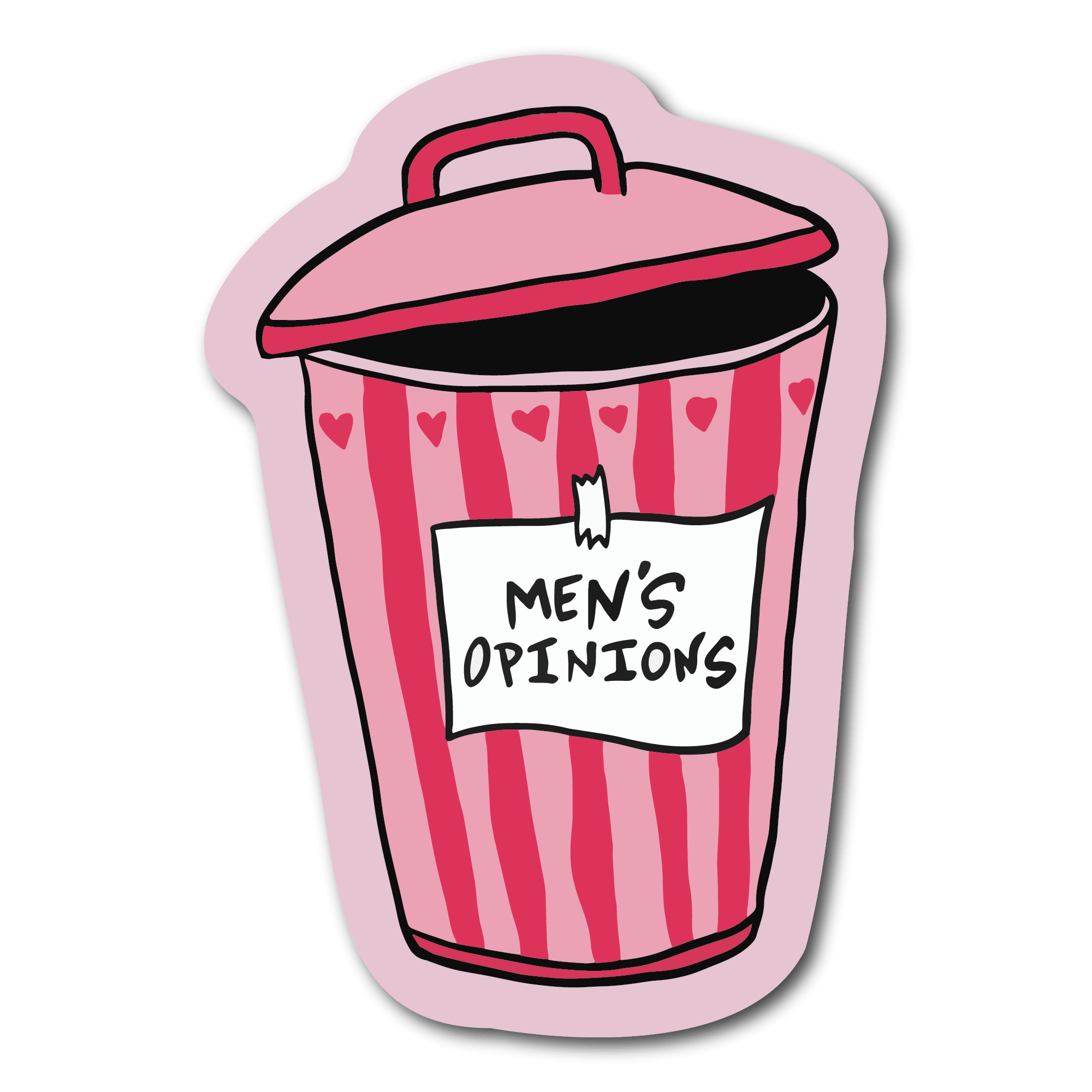 Small Sticker of a pink trash can with a sign taped to it that says Men's Opinions