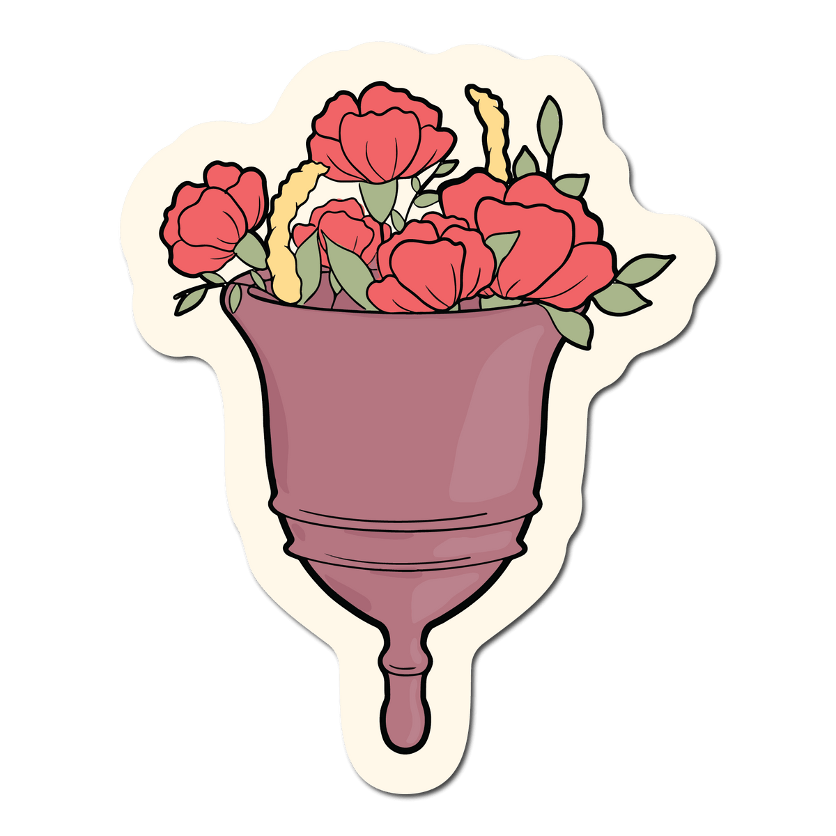 Small Sticker of a purple menstrual cup that has flowers in it