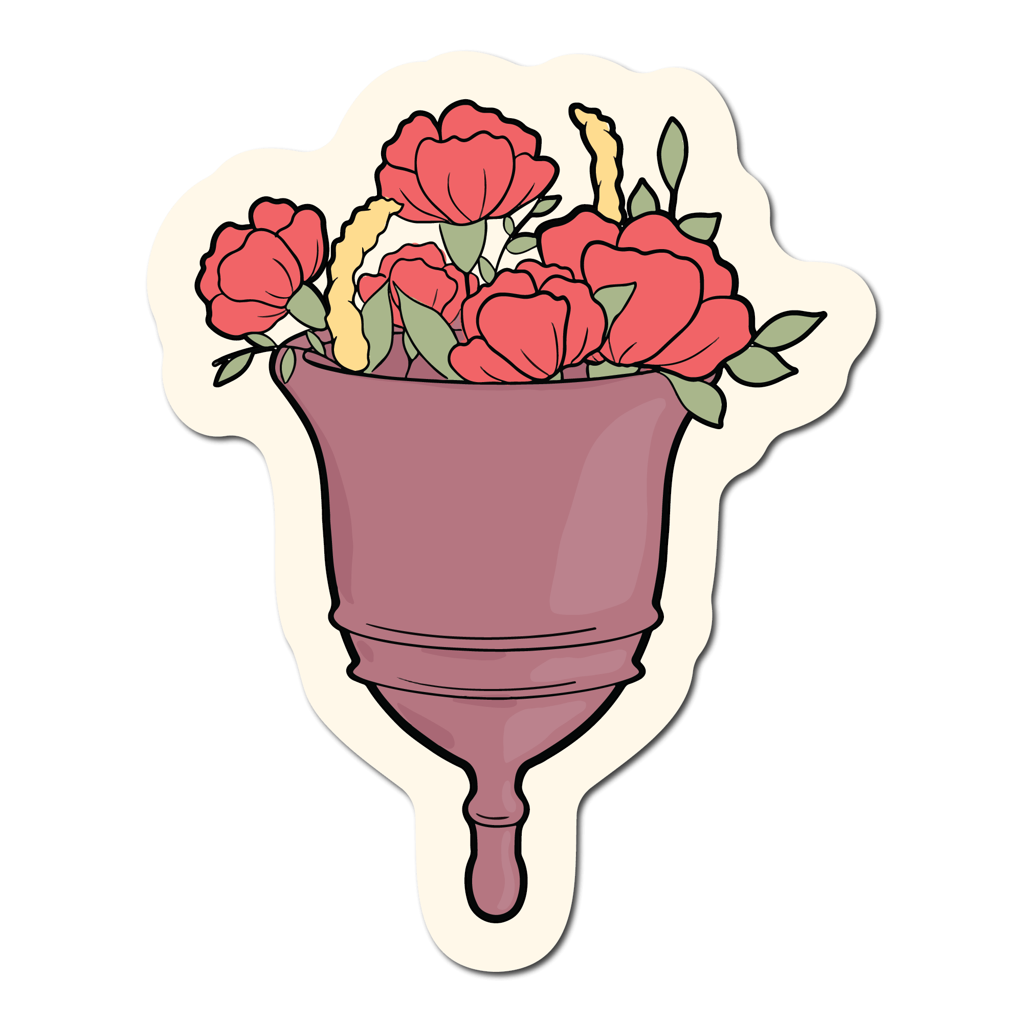 Small Sticker of a purple menstrual cup that has flowers in it