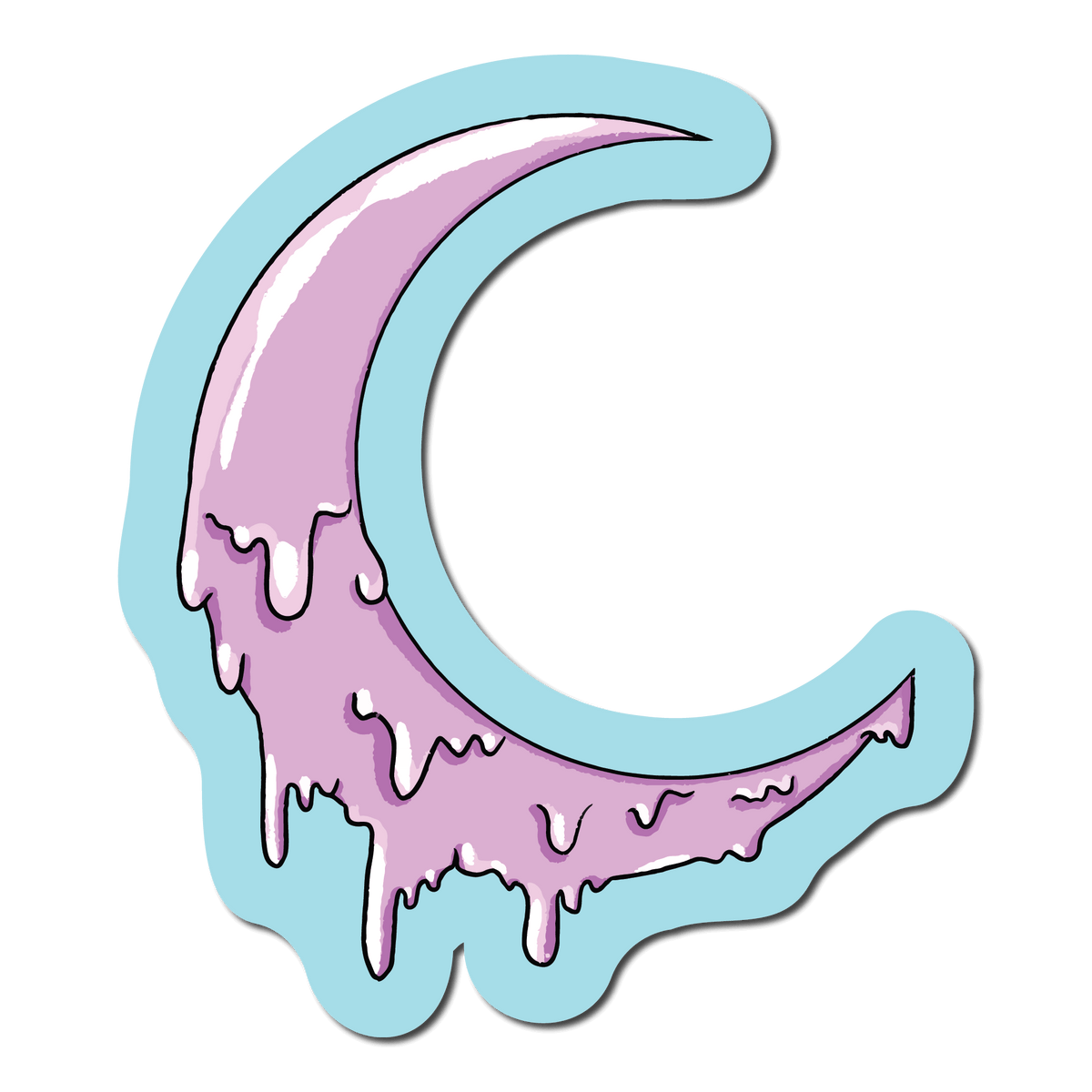 Small Diecut Sticker of a Purple Dripping Moon on a blue background
