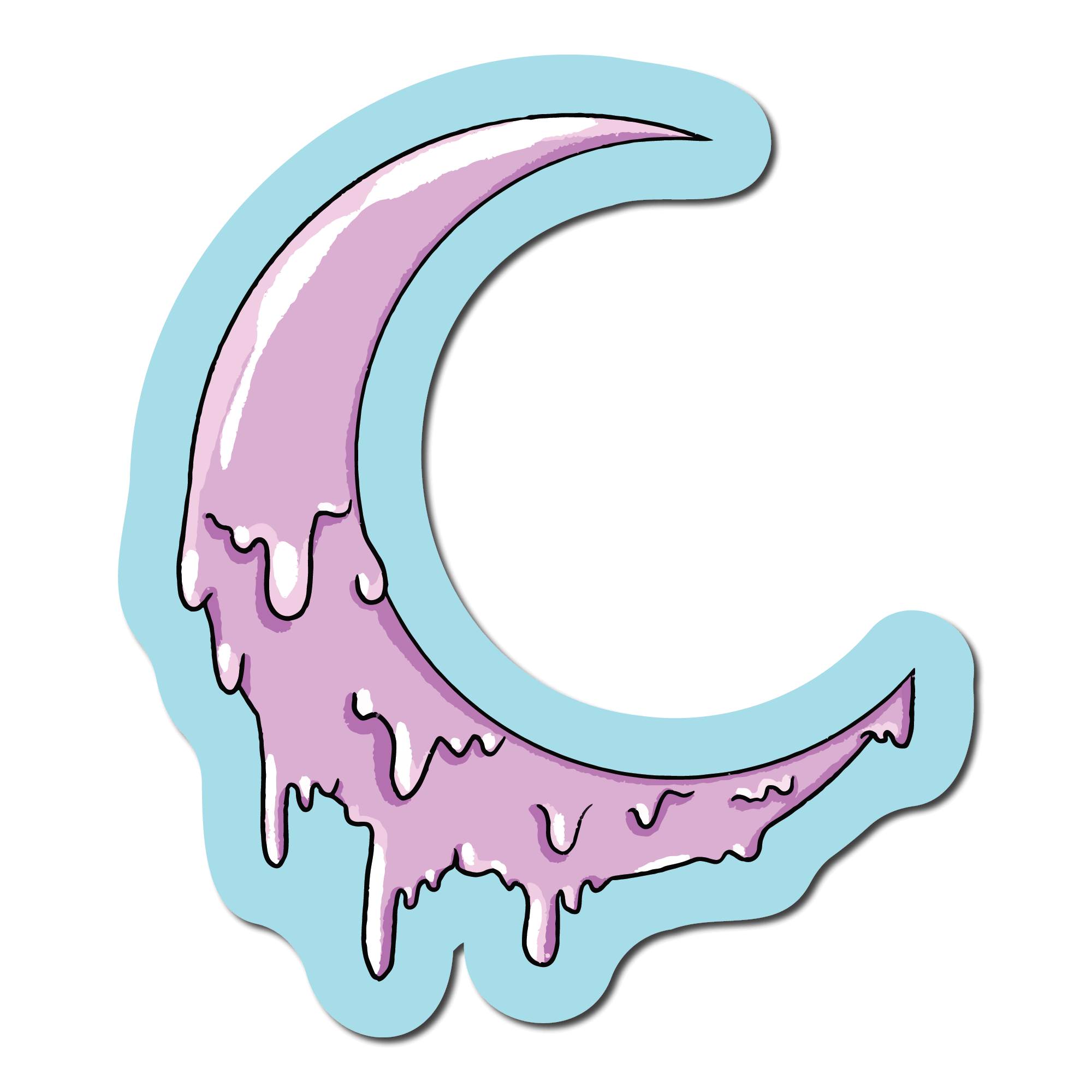 Small Diecut Sticker of a Purple Dripping Moon on a blue background