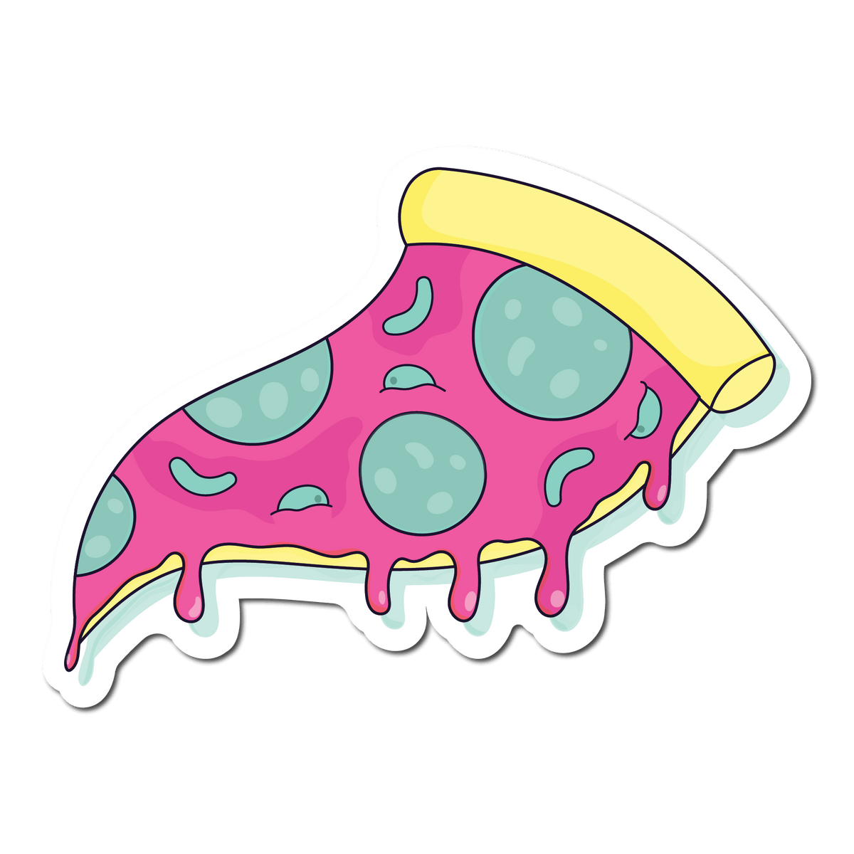 Small Sticker of a pink dripping pizza with green peperoni&#39;s 