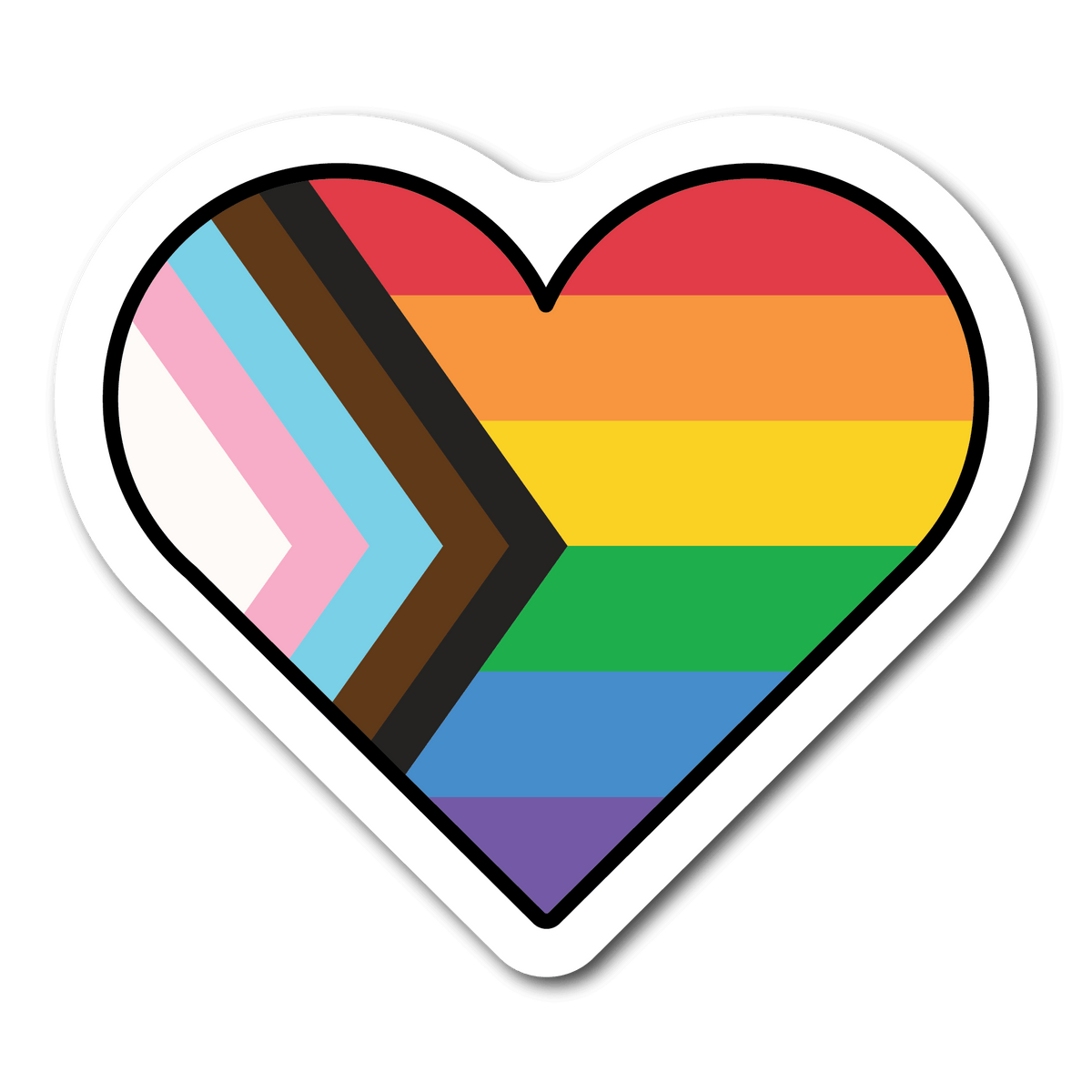 Small Sticker of the Progress Pride Flag in the Shape of a heart