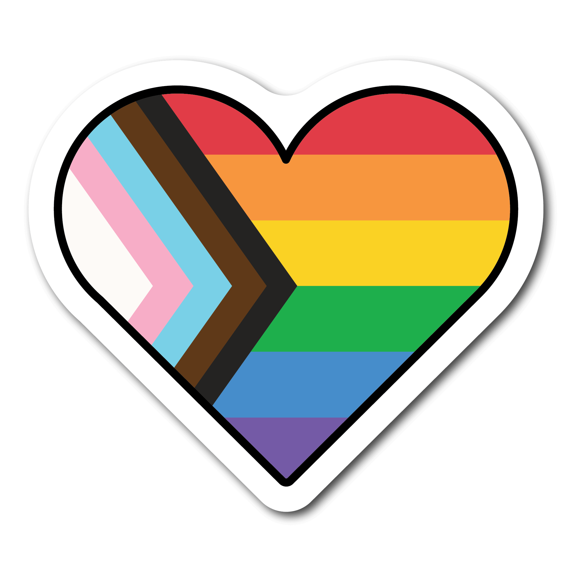 Small Sticker of the Progress Pride Flag in the Shape of a heart