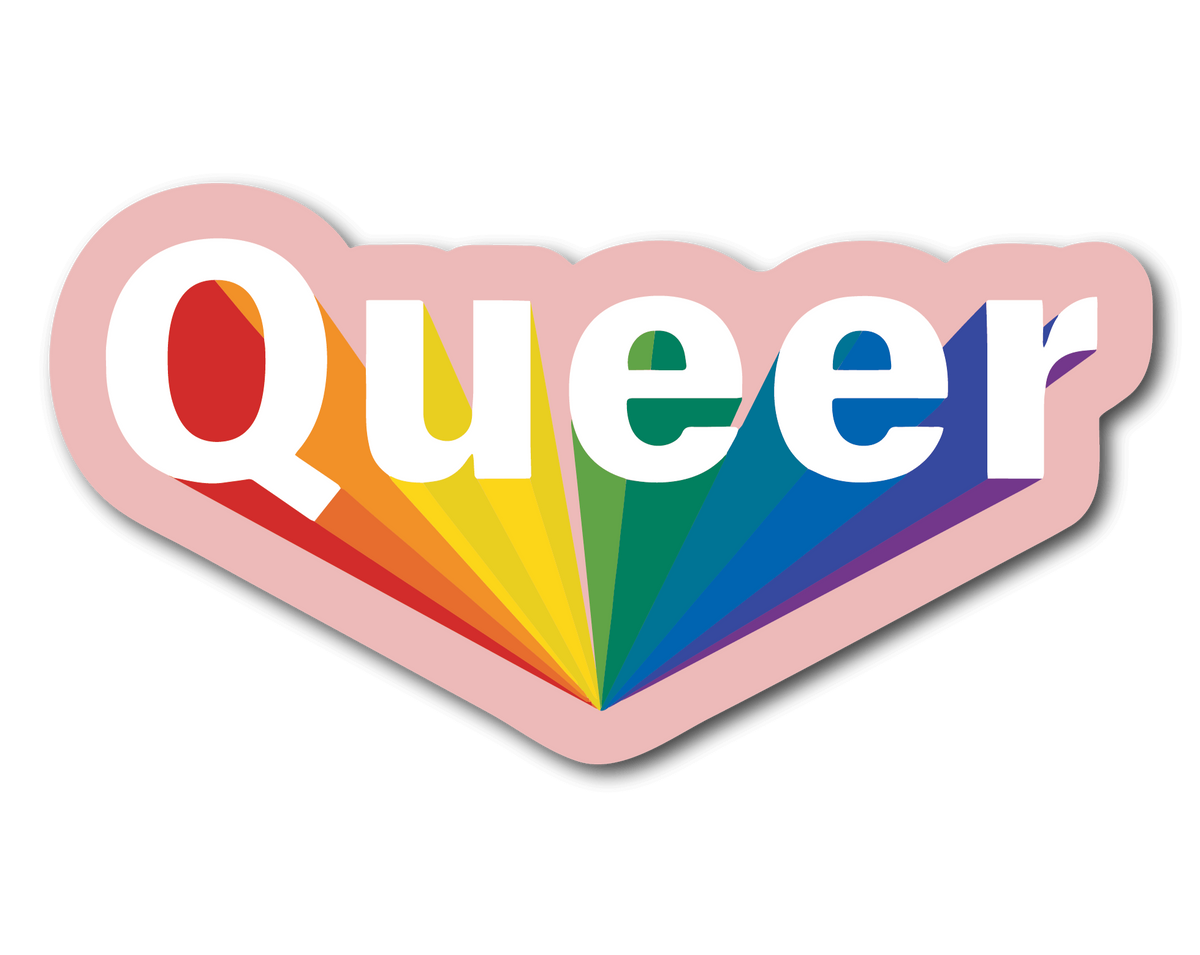Small Sticker that says queer with a rainbow behind it