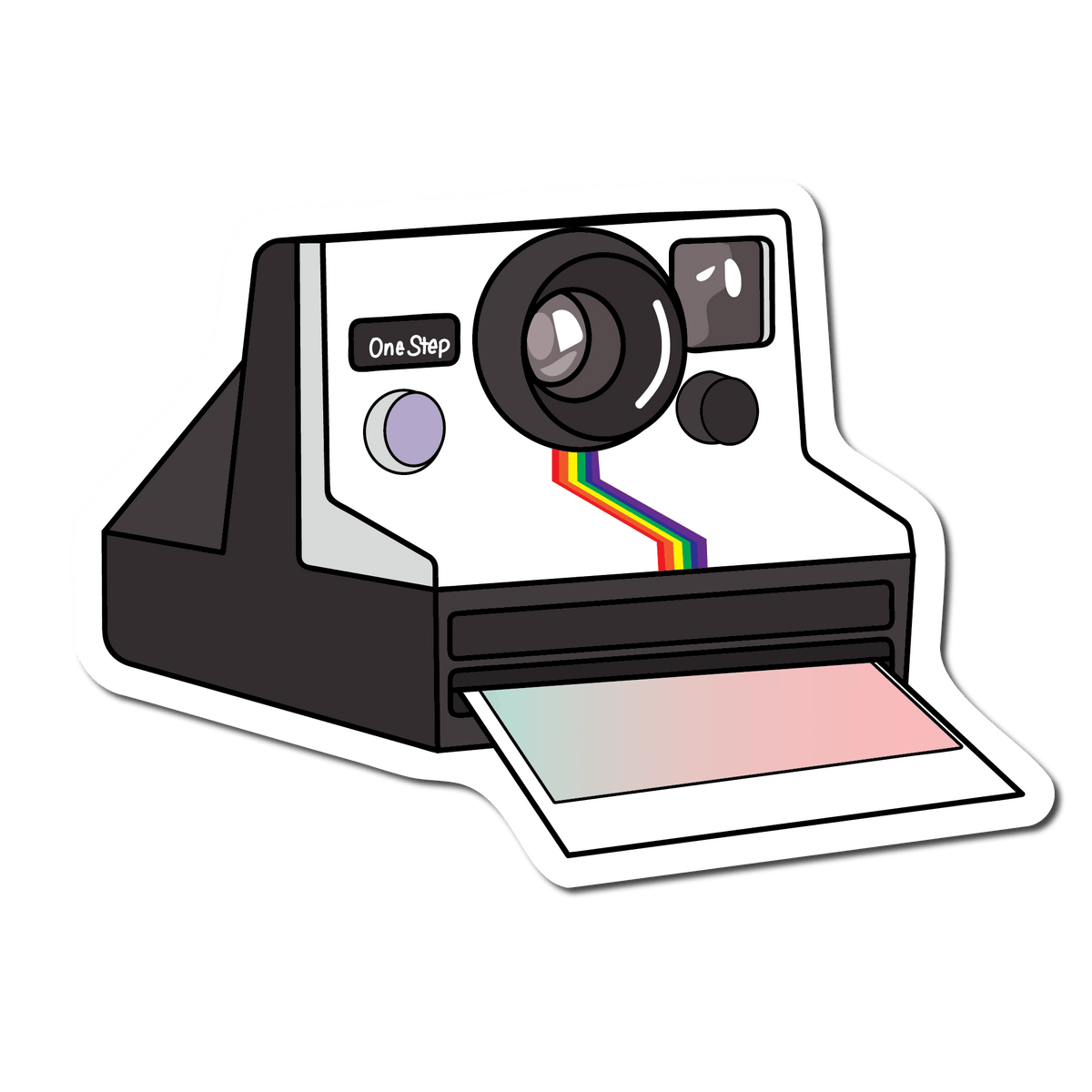 Small Sticker of a retro instant camera that is black and white with a pink and blue photo printing