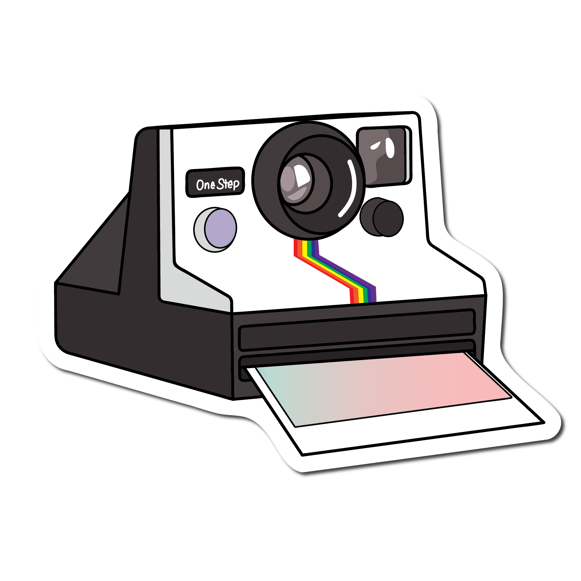 Small Sticker of a retro instant camera that is black and white with a pink and blue photo printing
