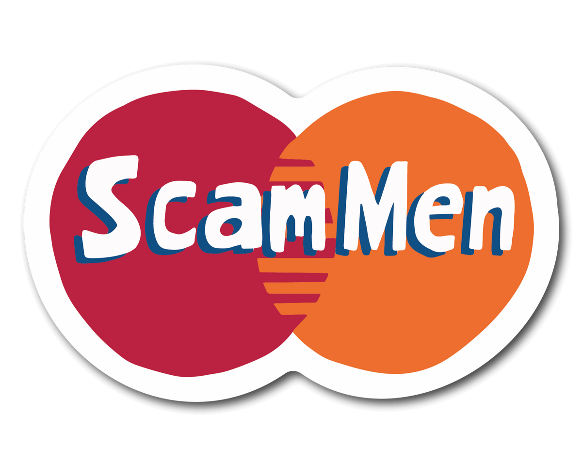 Small Sticker of Mastercard Logo that says Scam Men
