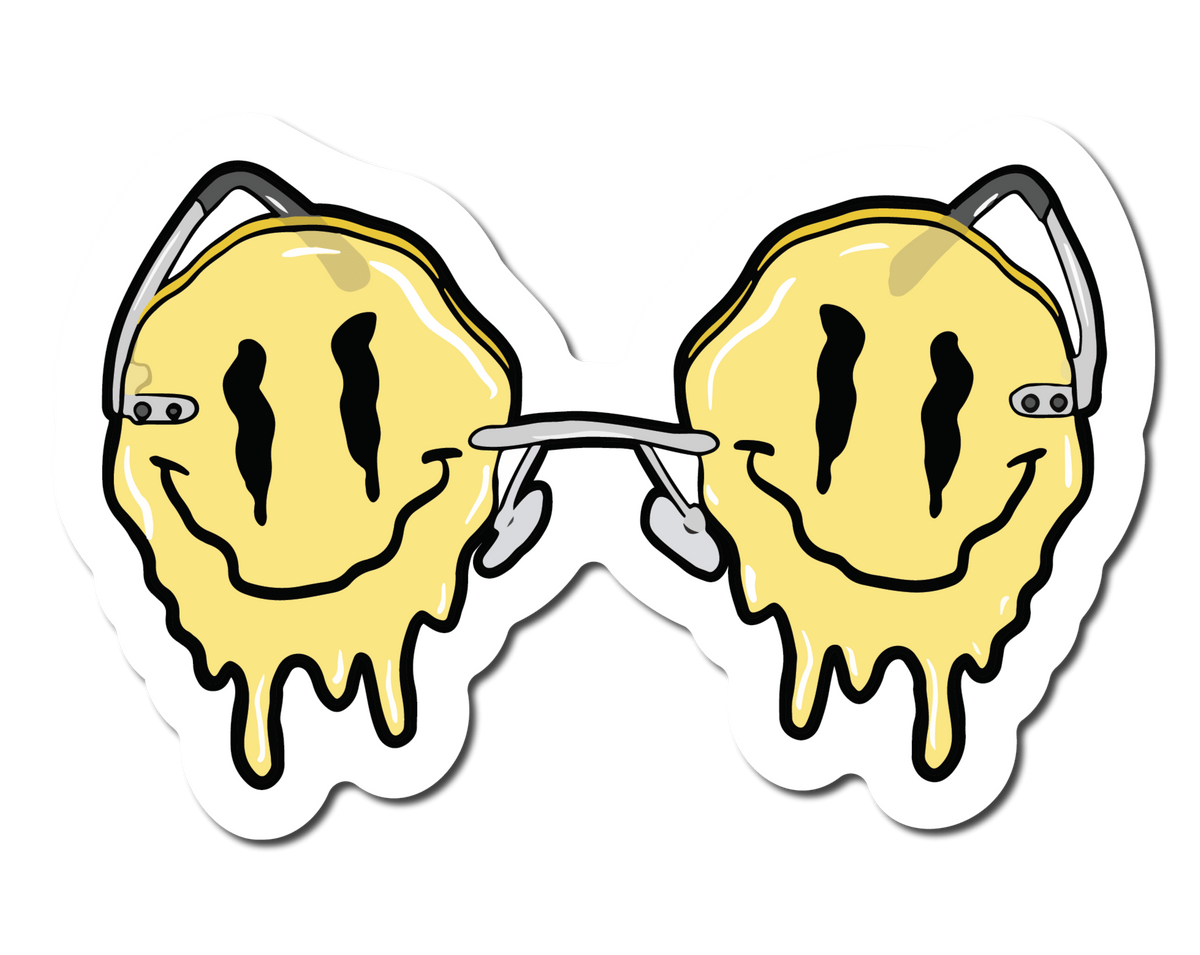 Small Sticker of Yellow Sunglasses in the shape of melting smiley faces