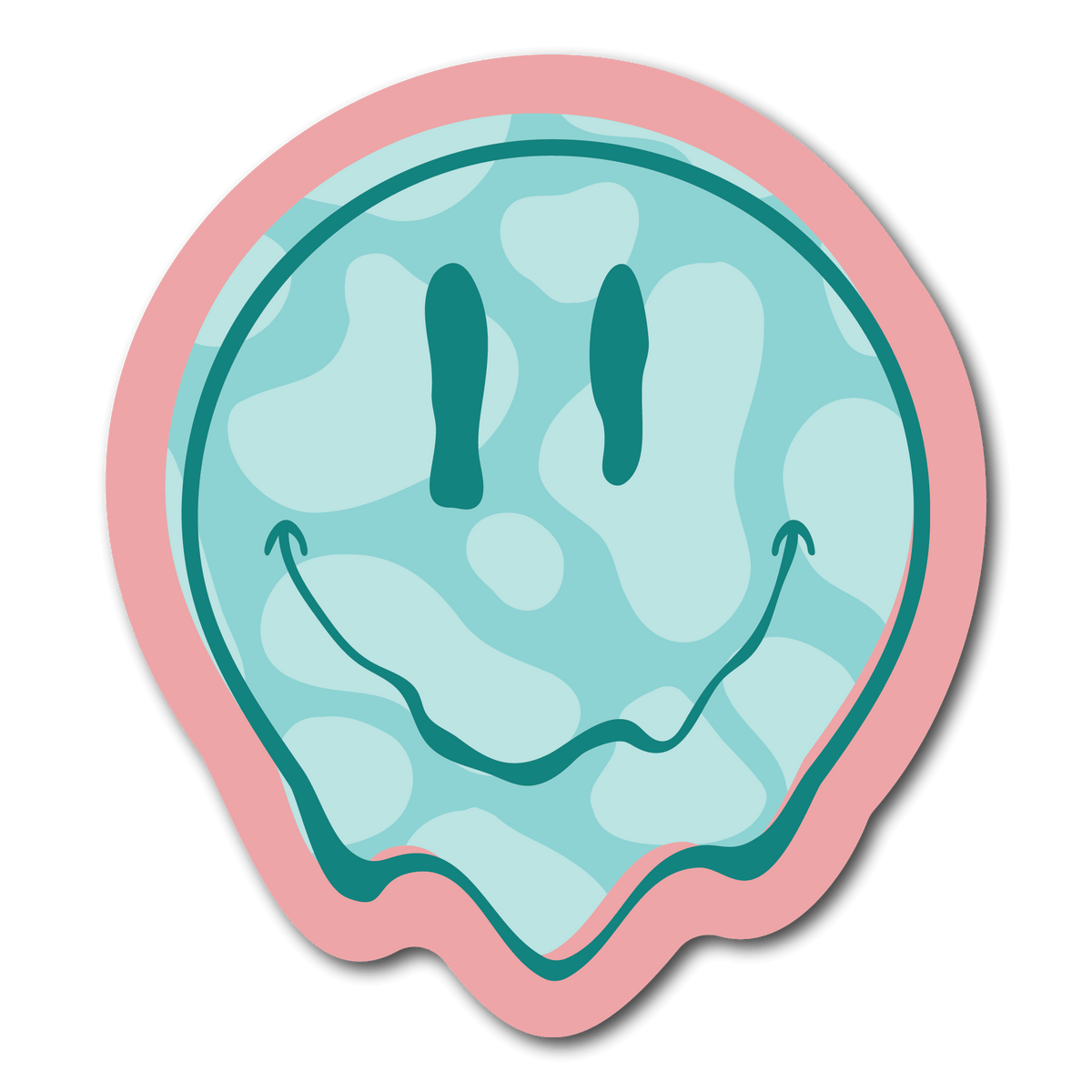 Small Sticker of a Blue Smiley Face with a cow print background