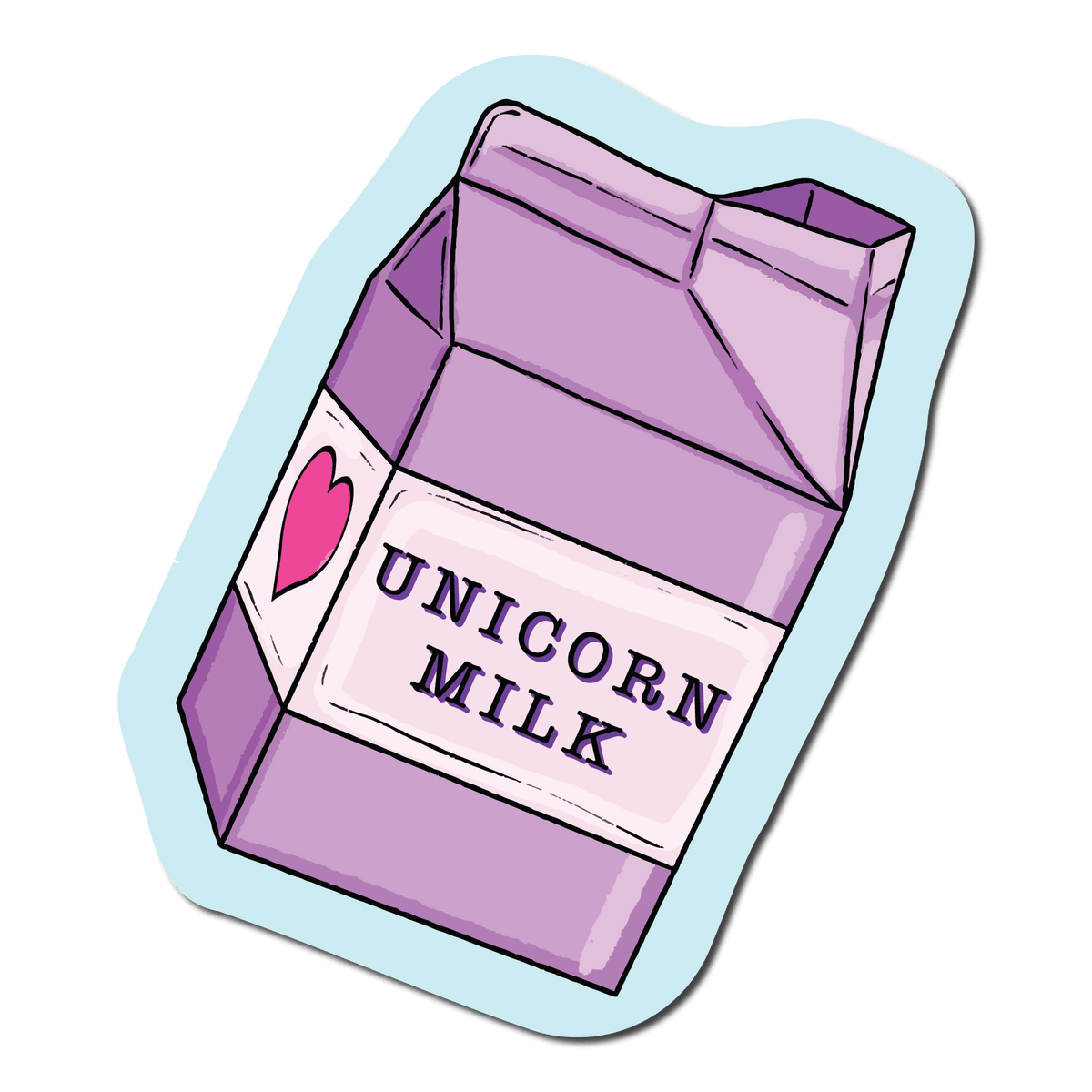 Small Sticker of a purple milk carton that says unicorn milk