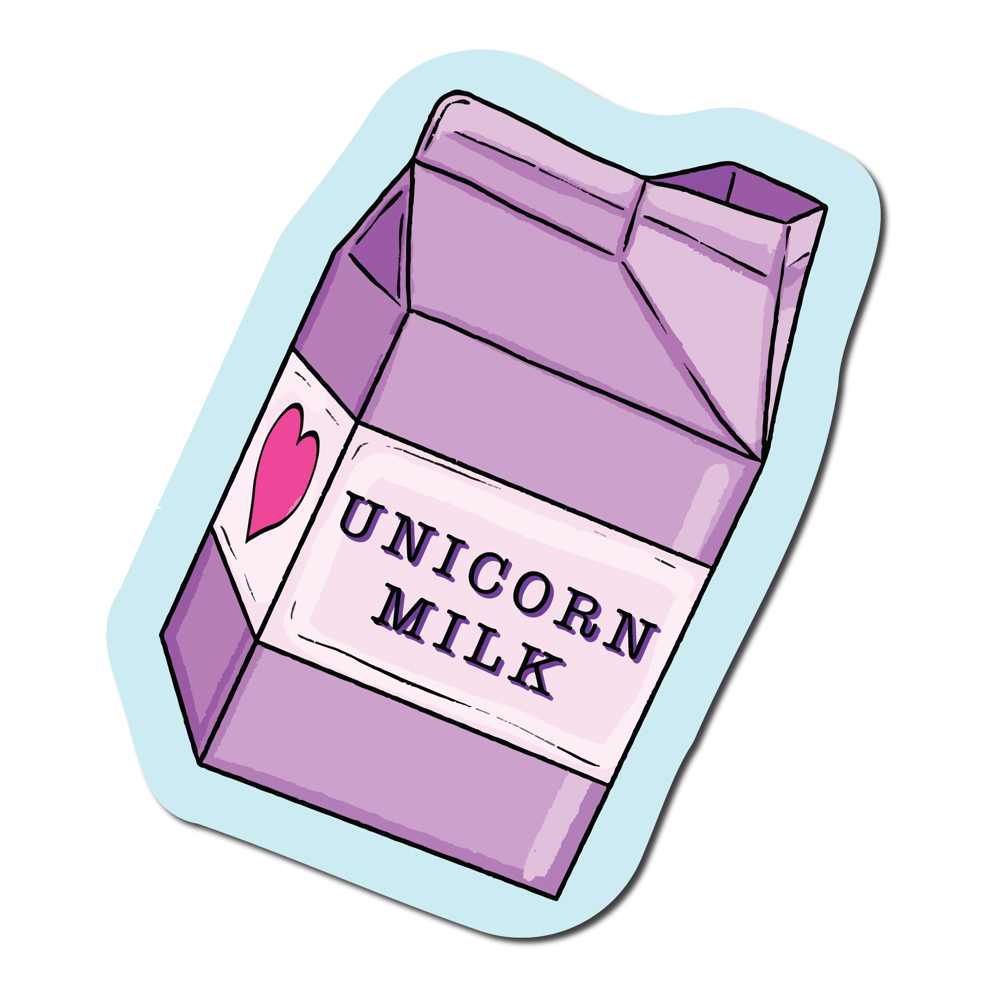 Small Sticker of a purple milk carton that says unicorn milk