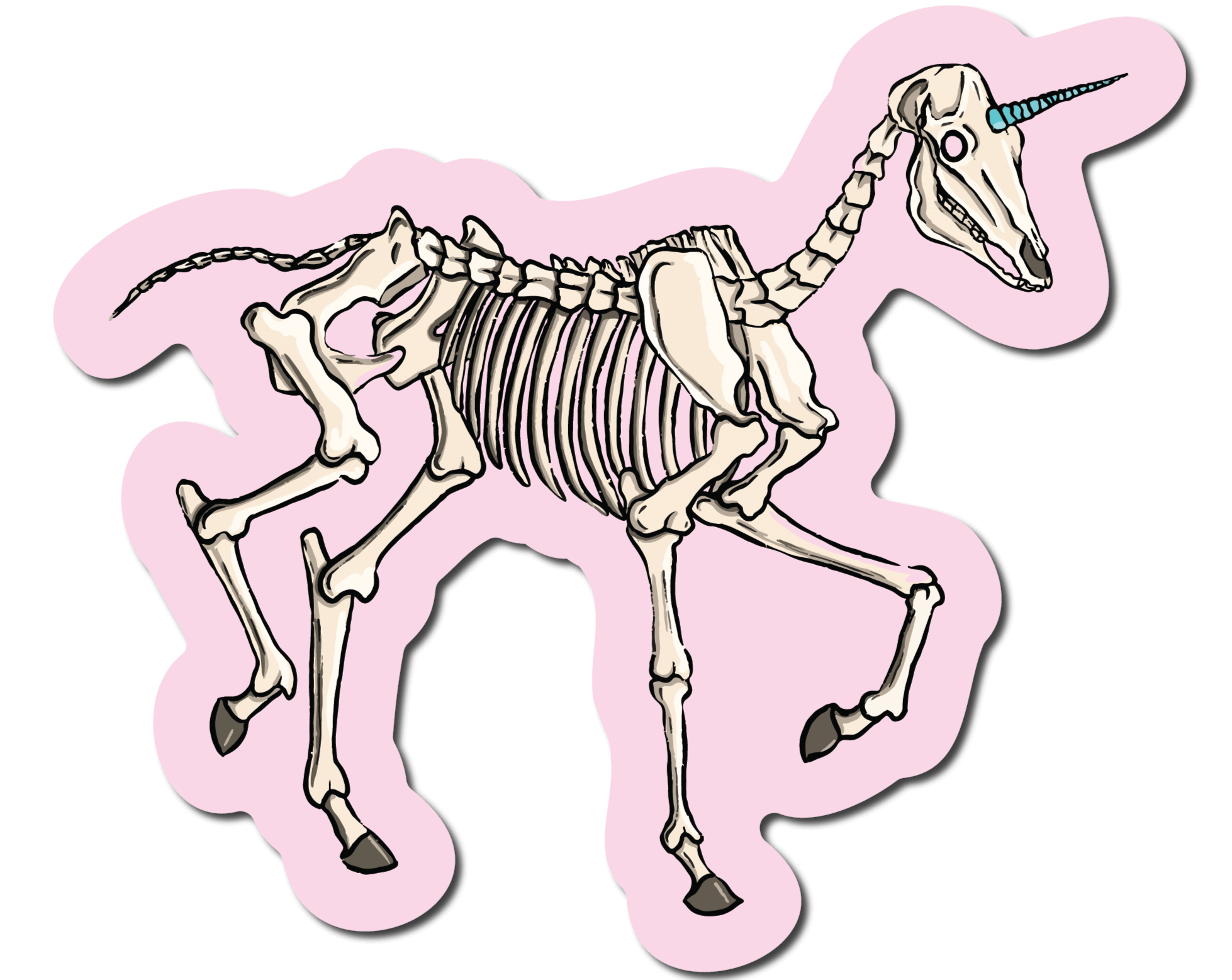Small Sticker of a unicorn skeleton on a pink background