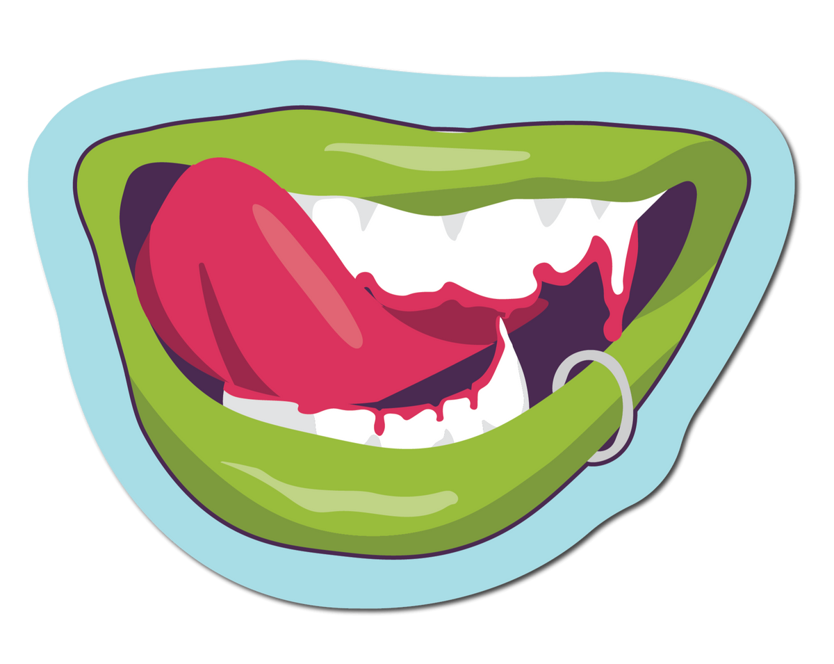 Small Sticker of a Vampire licking its teeth with green lips and a lip ring