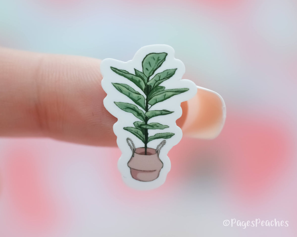 Small sticker of a fiddle fig houseplant stuck to a finger
