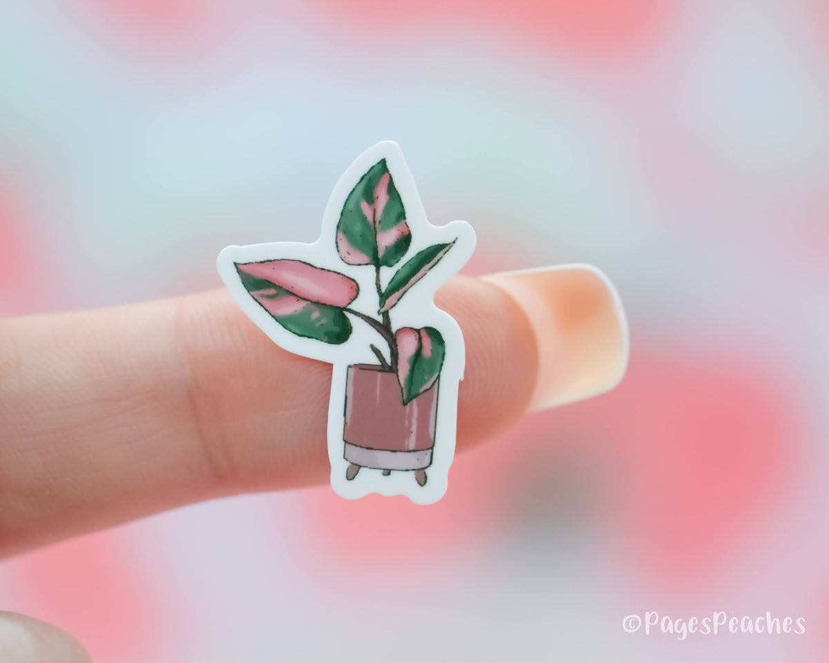 Small Pink Princess Houseplant Sticker stuck to a finger