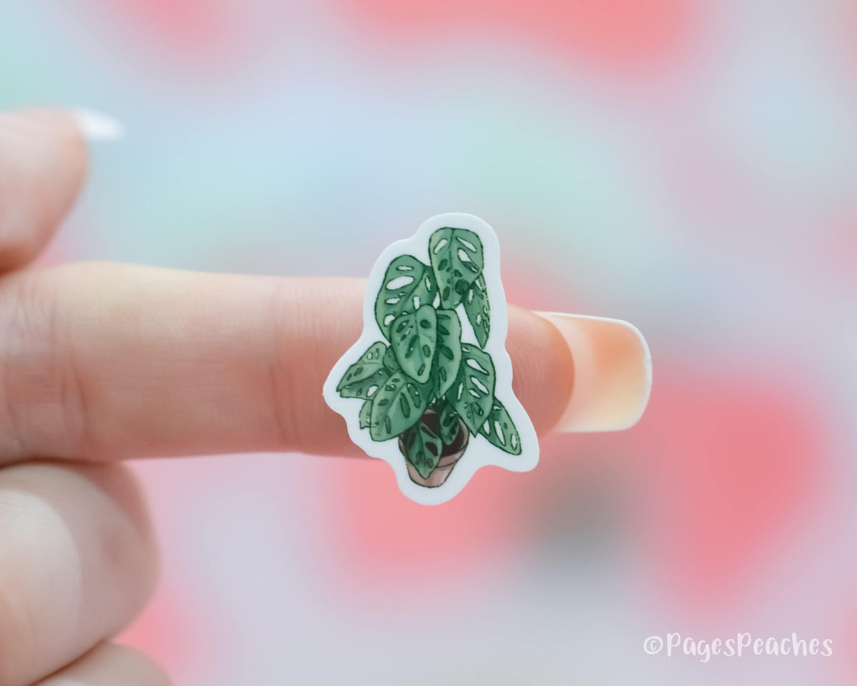 Small Swiss Cheese Plant Sticker stuck to a finger
