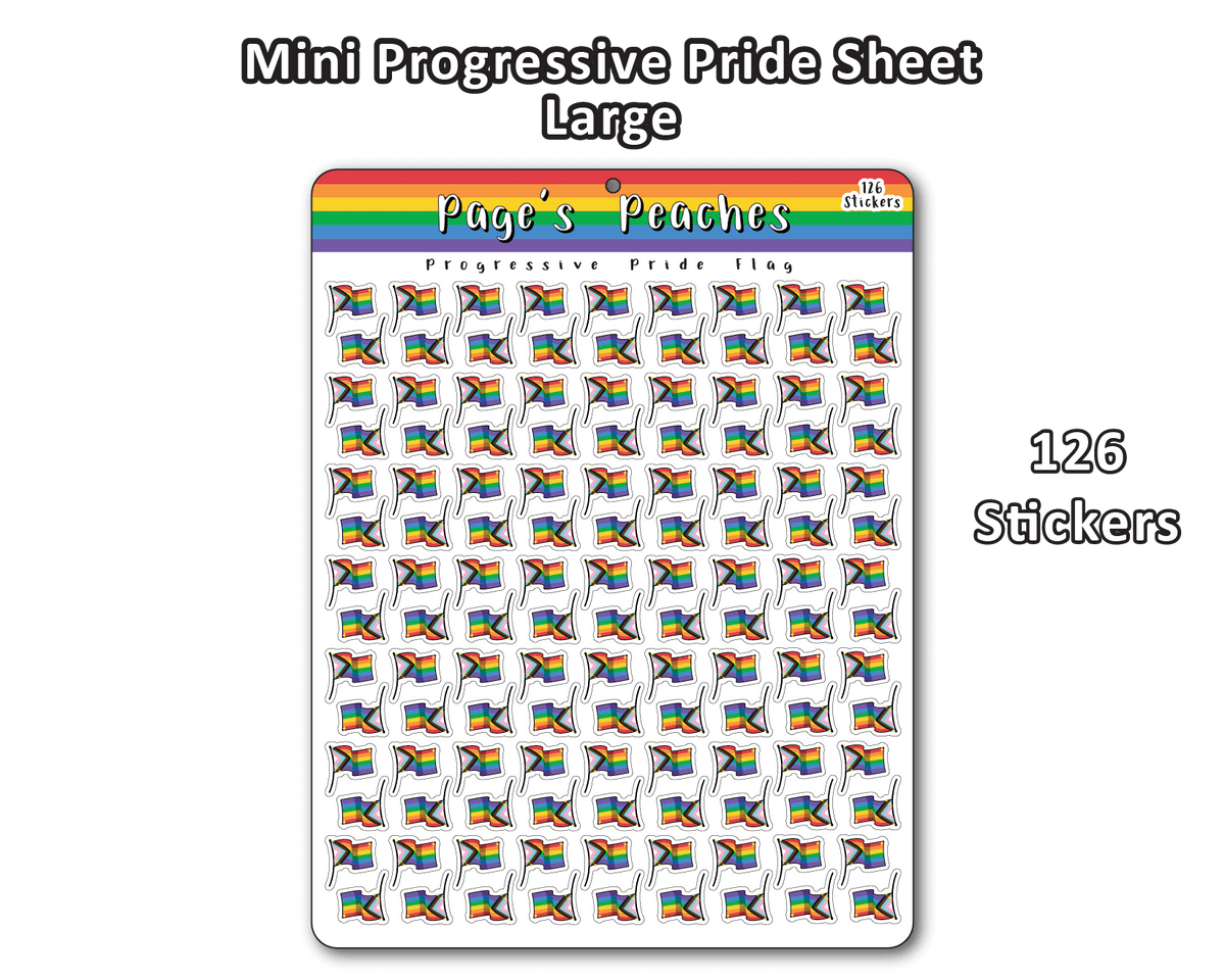 A Large Sticker Sheet with 126 Small Progressive Pride Flag Stickers for Name Tags and Work Badges