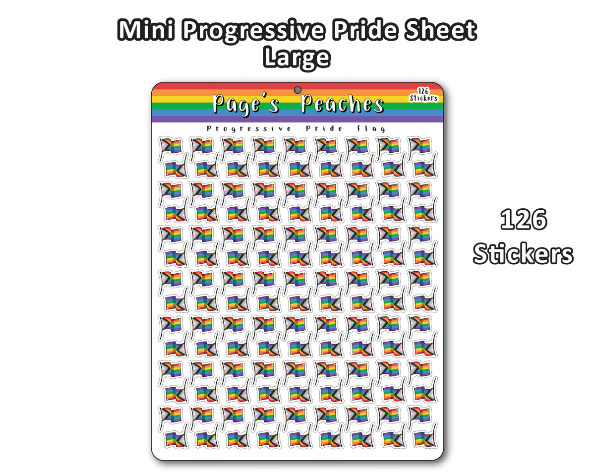 A Large Sticker Sheet with 126 Small Progressive Pride Flag Stickers for Name Tags and Work Badges