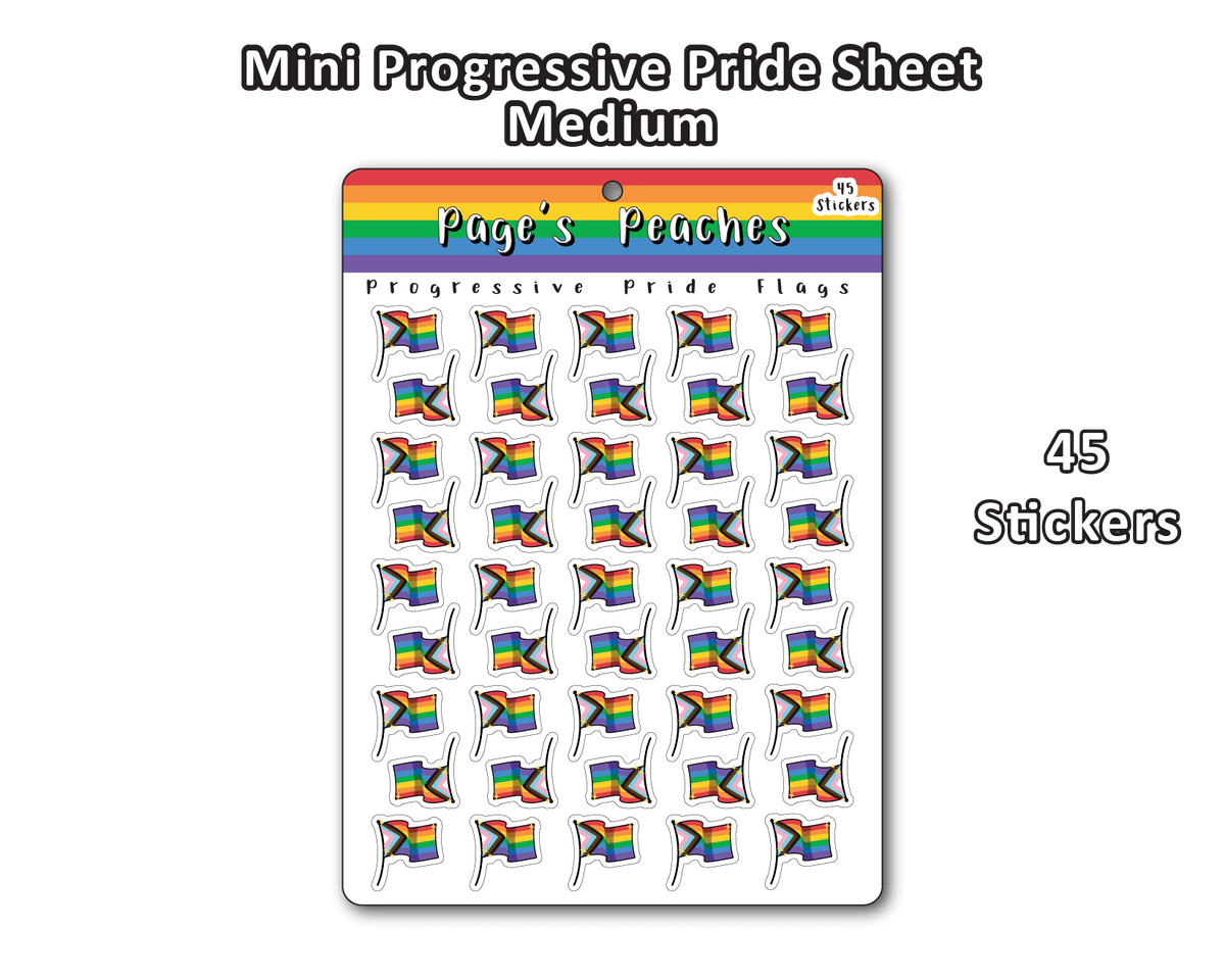 A Medium Sticker Sheet with 45 Small Progressive Pride Flag Stickers for Name Tags and Work Badges