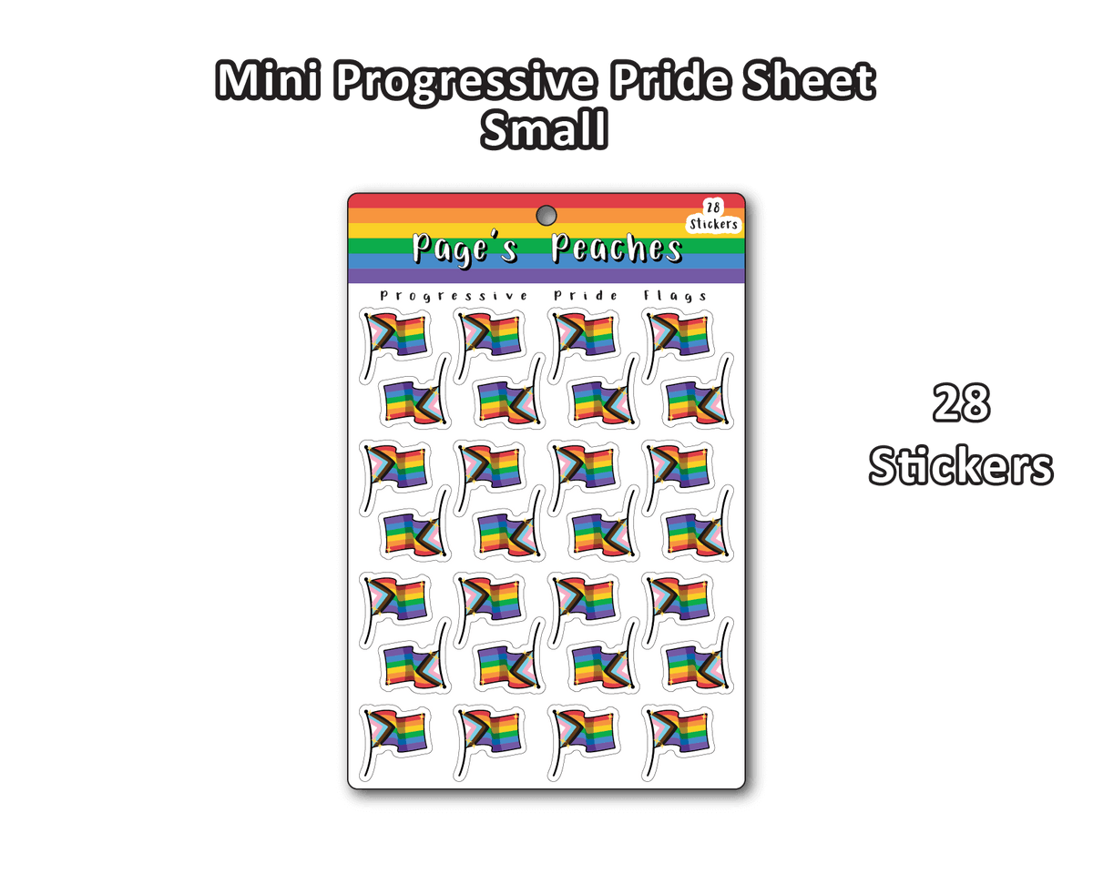 A Small Sticker Sheet with 28 Small Progressive Pride Flag Stickers for Name Tags and Work Badges