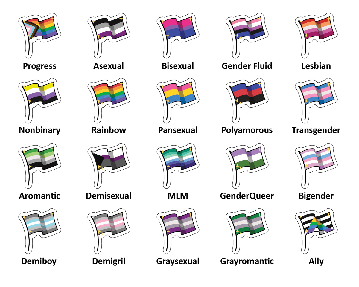 A List of Pride Flags including: Progress, Asexual, Bisexual, Gender Fluid, Lesbian, Nonbinary, Rainbow, Pansexual, Polyamorous, Transgender, Aromantic, Demisexual, MLM, Gender Queer, Bigender, Demiboy, Demigirl, Graysexual, Grayromantic, Ally
