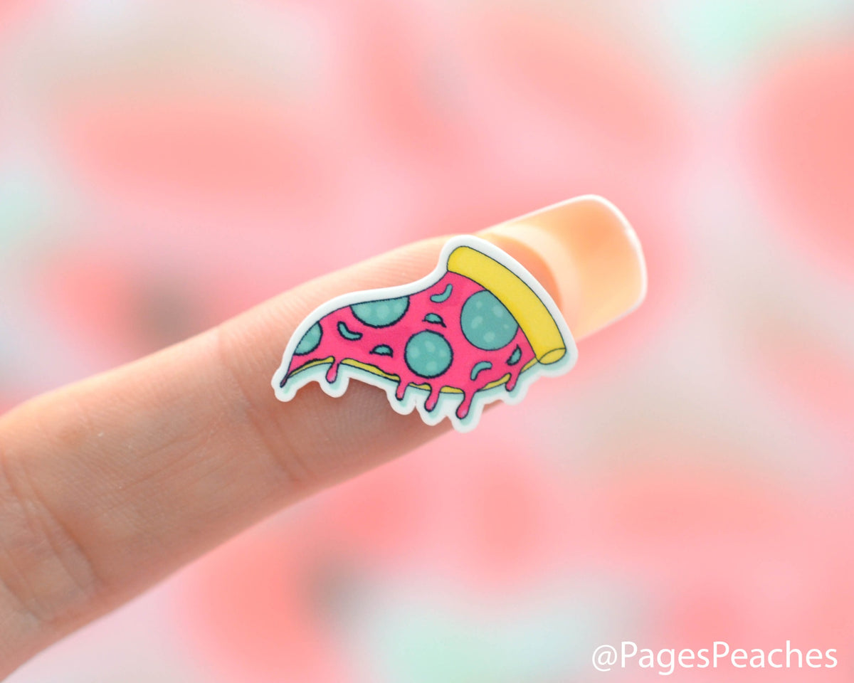 Small Dripping Pizza Sticker stuck to a finger