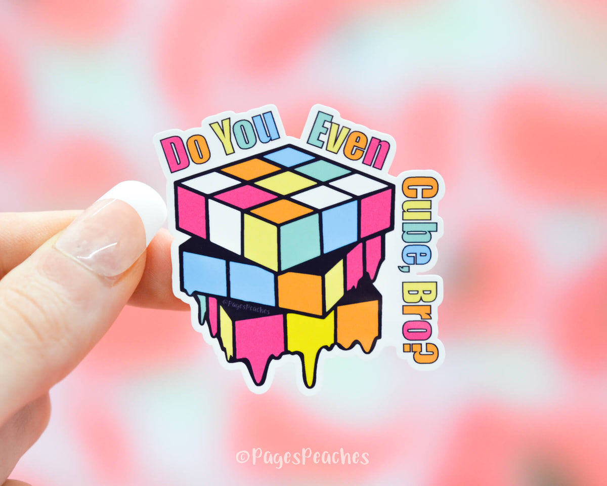 Waterproof Sticker of a Retro Rubik&#39;s Game Cube that says do you even cube bro 