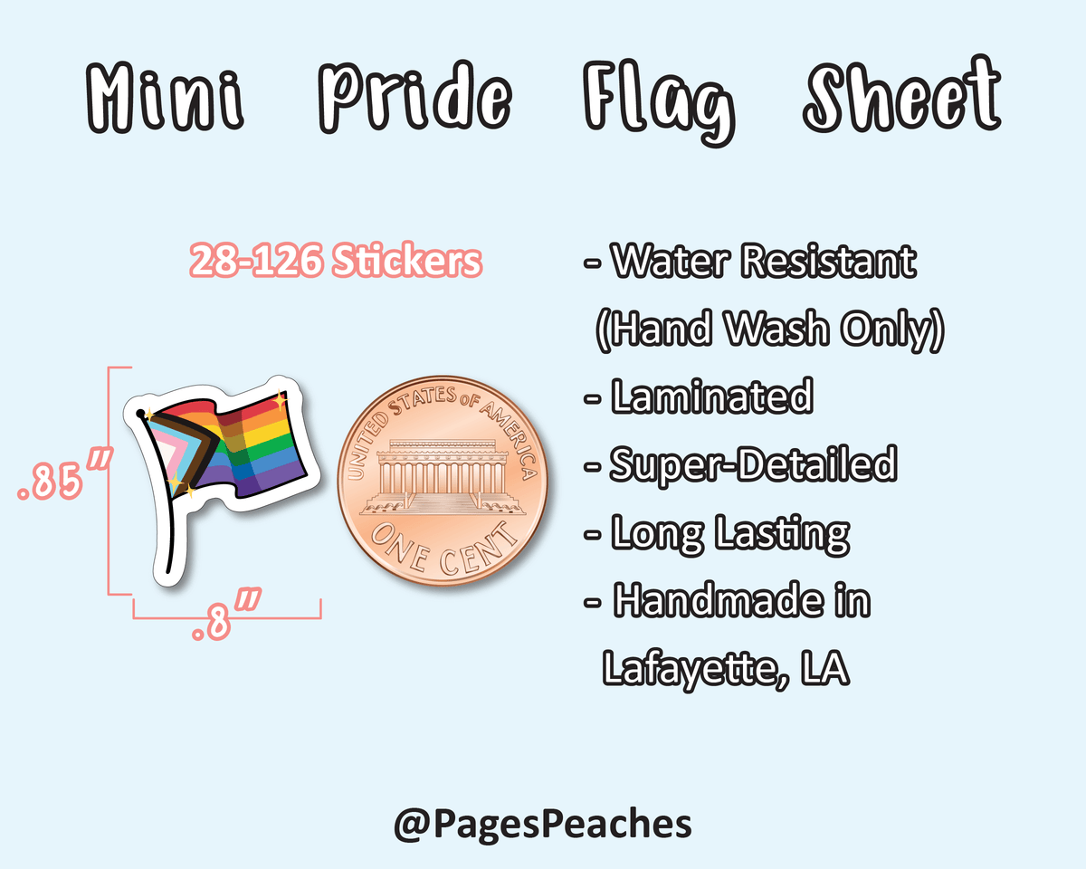 A diagram of a small progress pride flag sticker that is the size of a penny