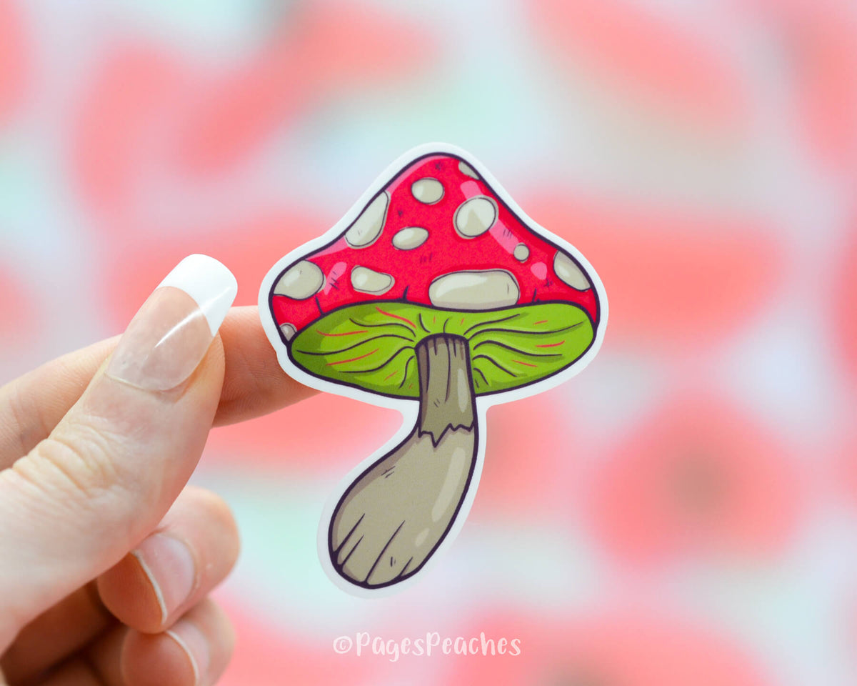 cottage core sticker of a red and green mushroom