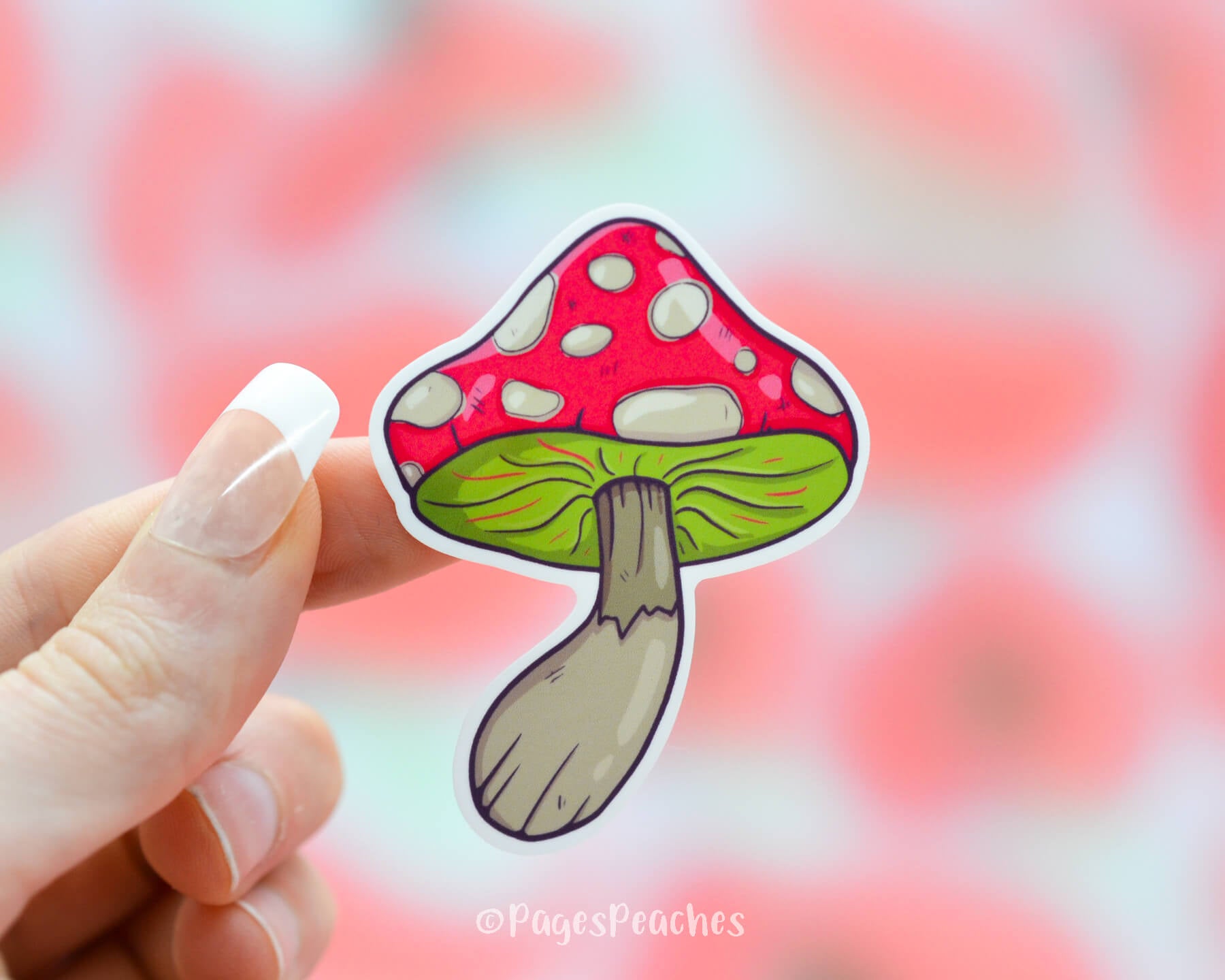 cottage core sticker of a red and green mushroom