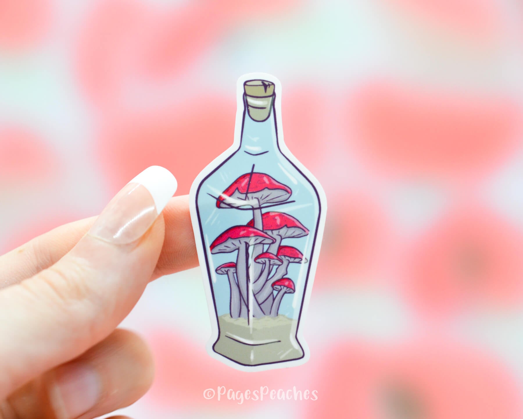 Sticker of pink and purple mushrooms in a jar