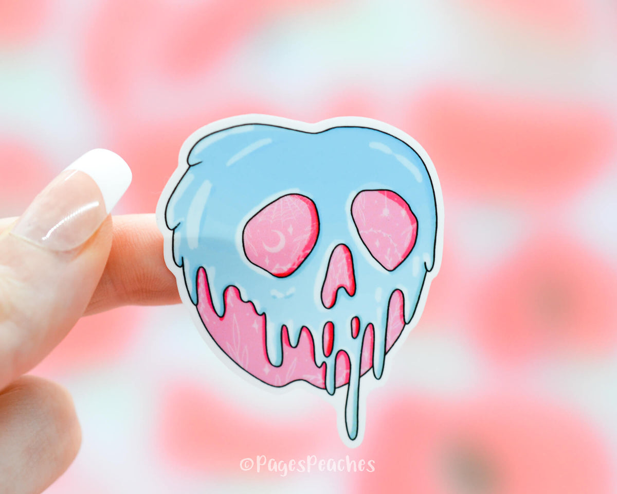 Waterproof sticker of an apple that is dripping like it is poisonous in pink and blue