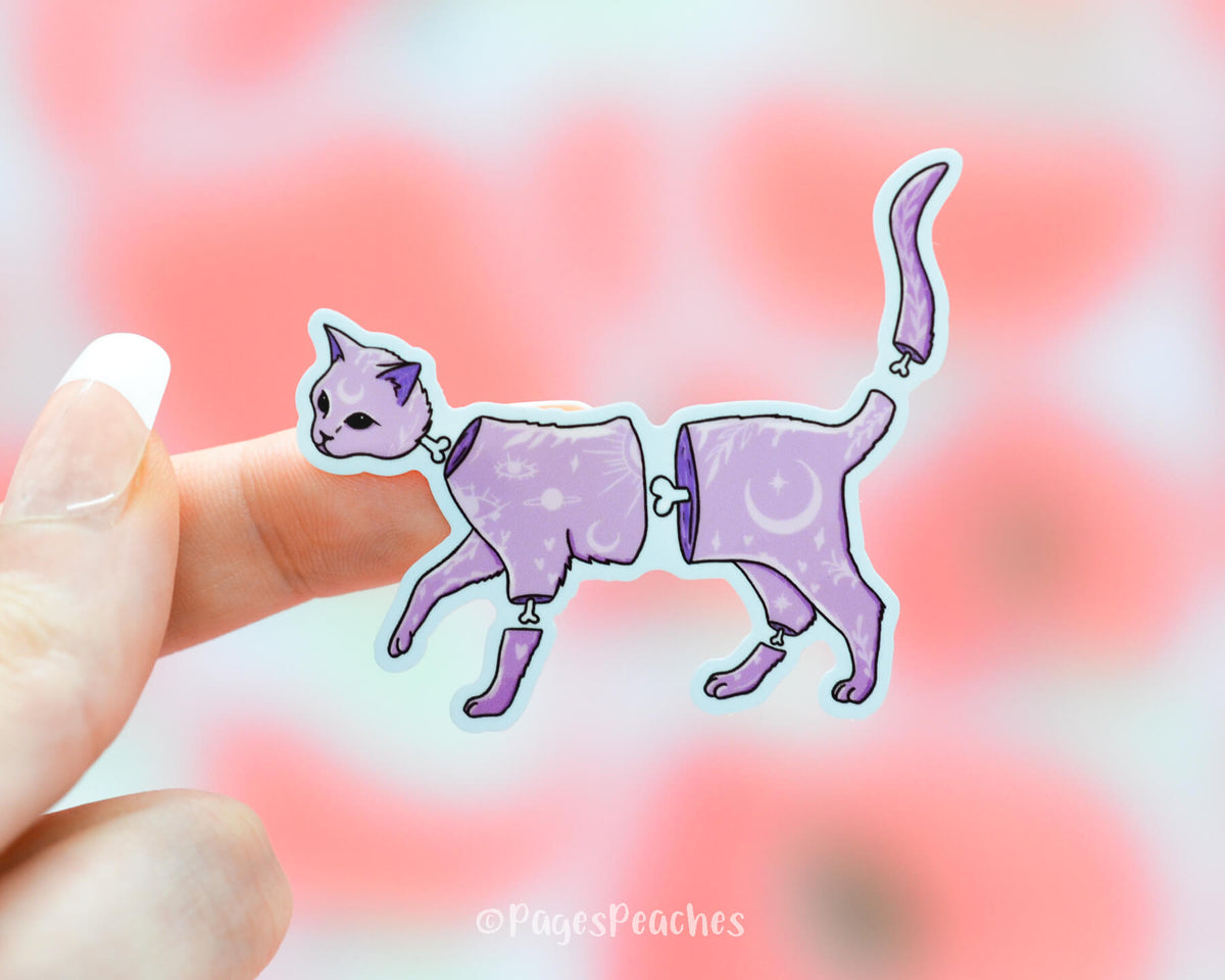 Sticker of a purple cat that is split at the head, torso, and tail in a trippy way