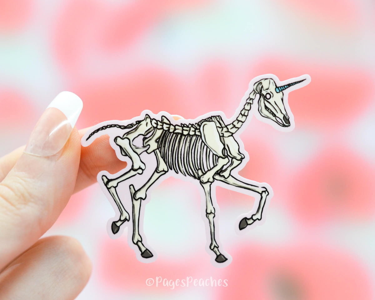 Pink Sticker of a Unicorn Skeleton