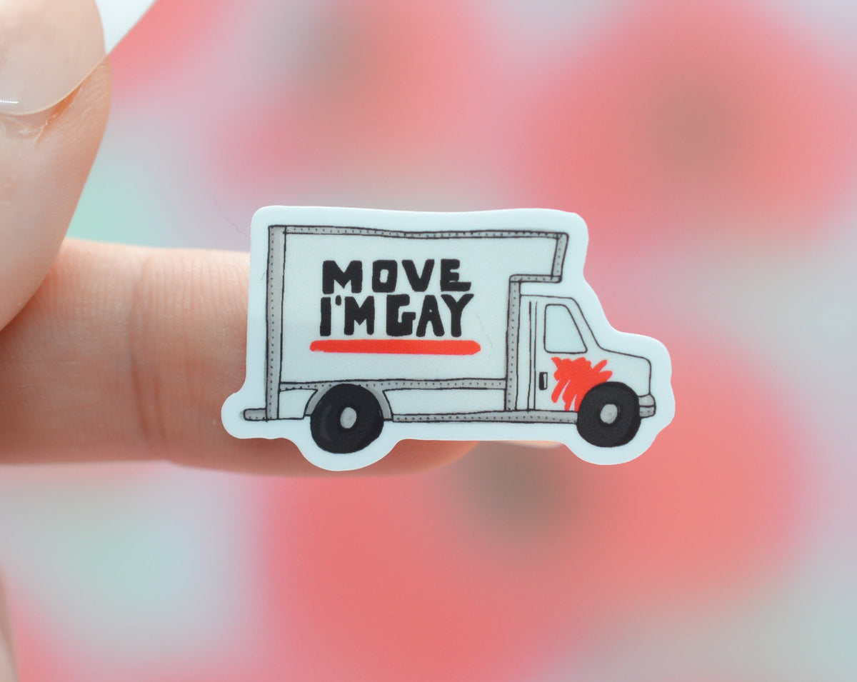 Small Sticker of a UHaul truck that says Move I&#39;m Gay for the Uhaul Lesbians