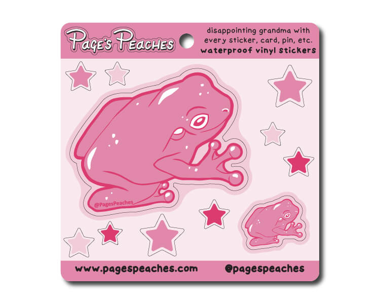 a pink sticker with stars and a pink frog